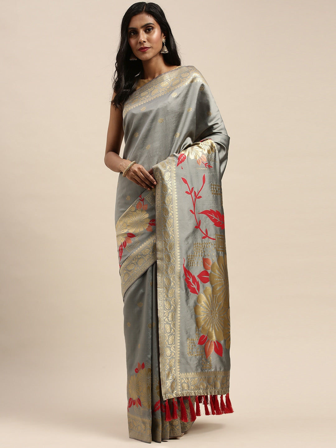  Banarasi Silk Grey Colour Print Saree