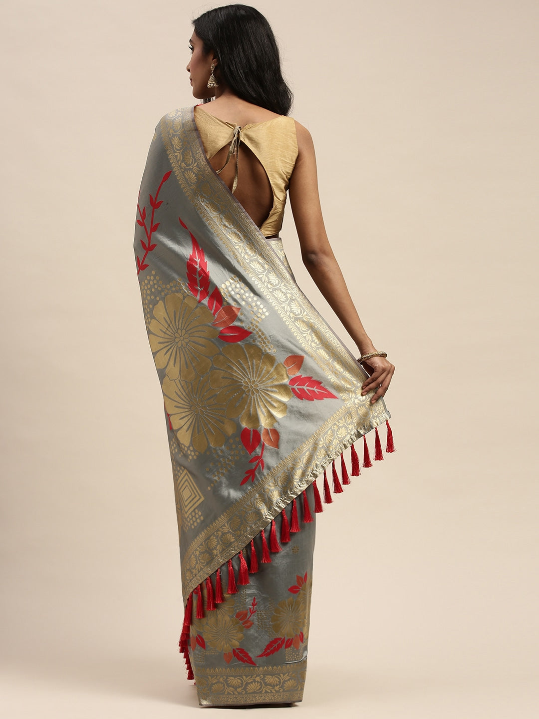  Banarasi Silk Grey Colour Print Saree