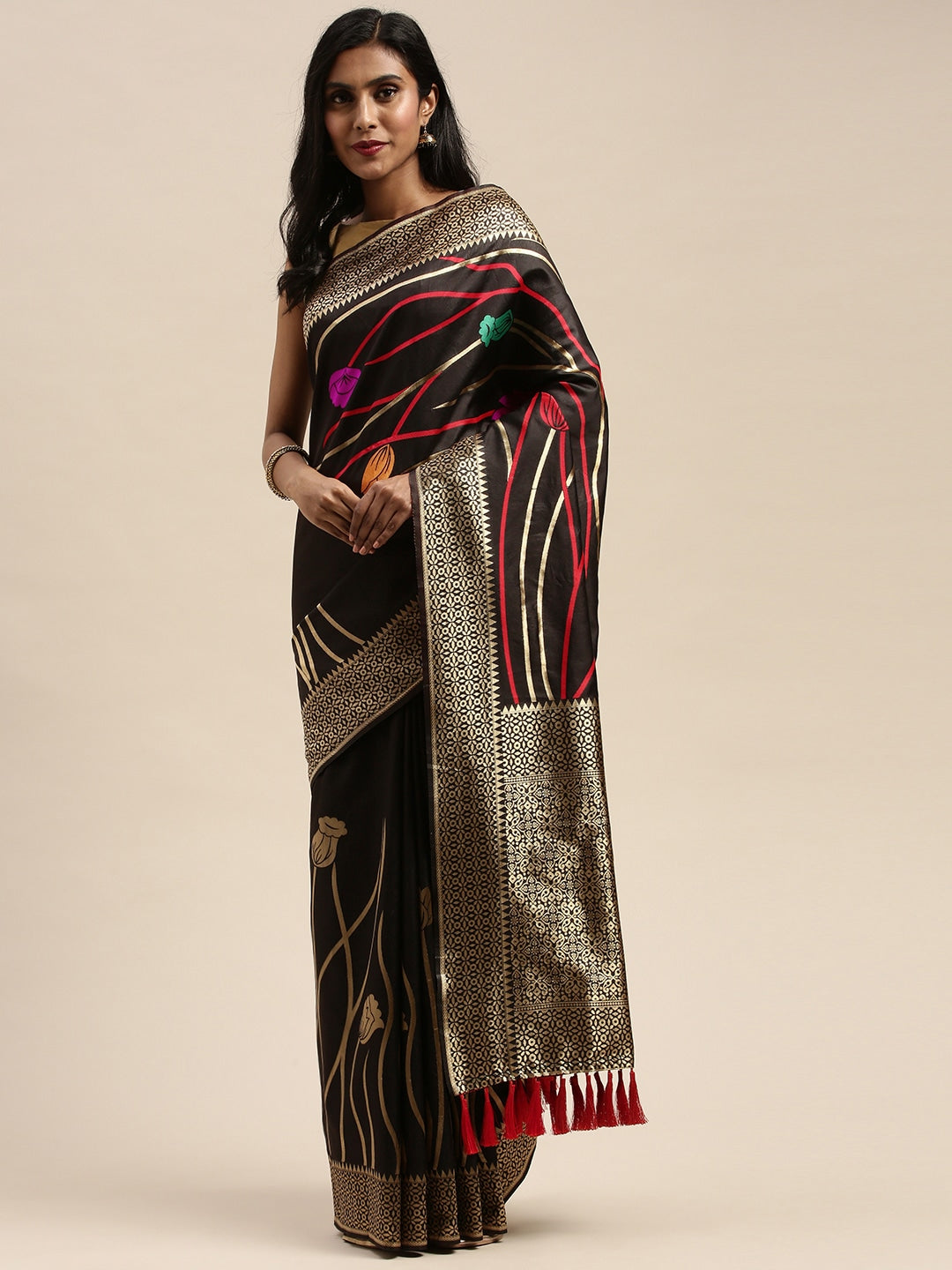 Banarasi Silk Black Colour Print Saree