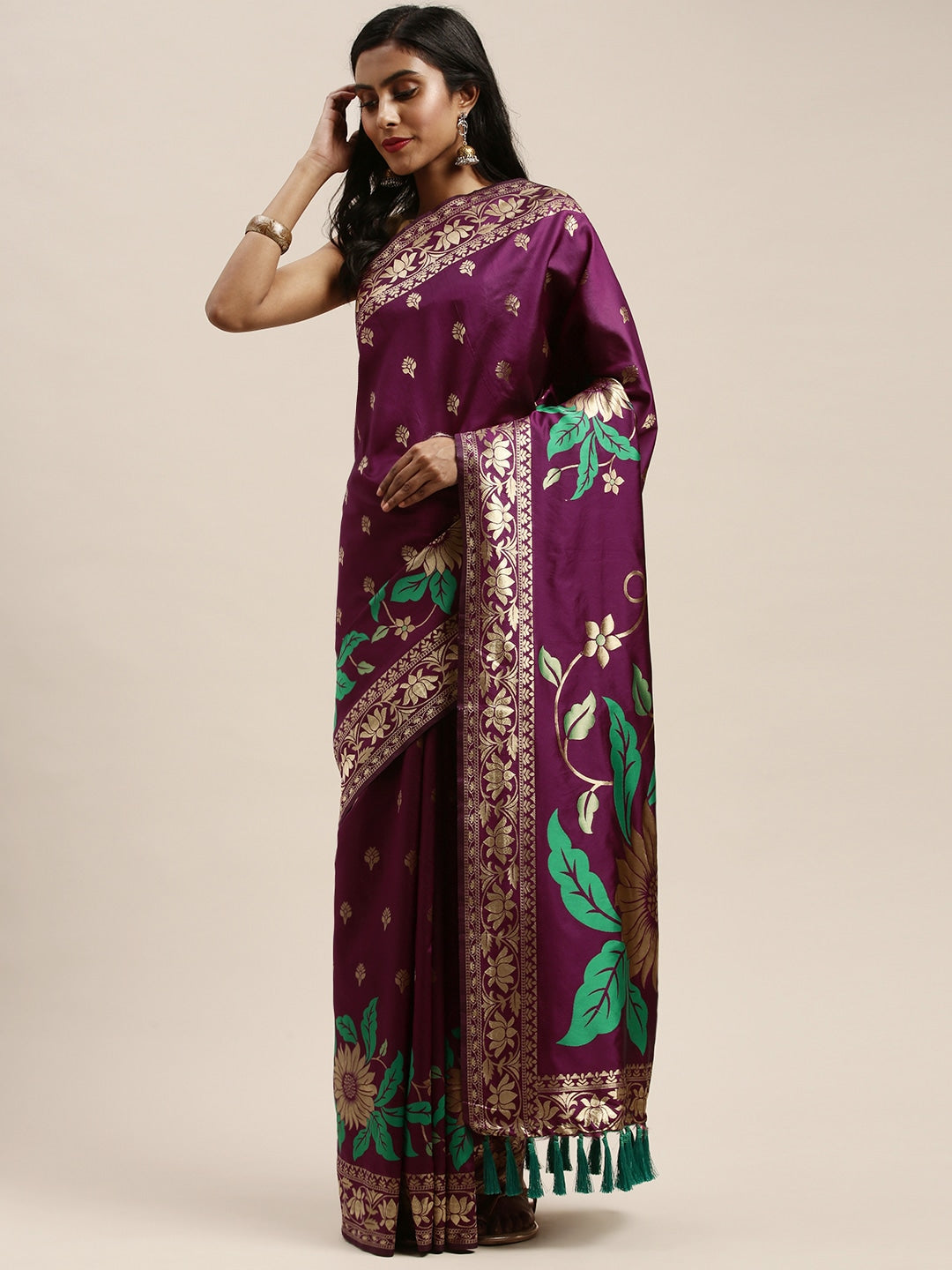 Banarasi Silk Burgundy Colour Ethnic Motifs Saree