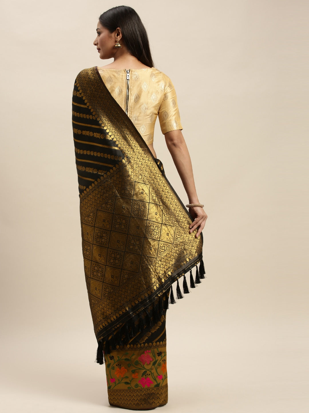 Banarasi Black Silk Cotton Saree with Ethnic Motifs