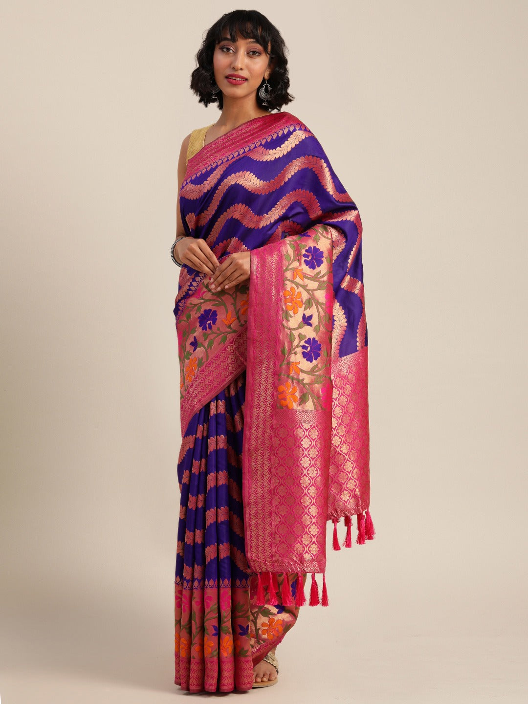 Banarasi Geometric Printed Purple Zari Silk Saree