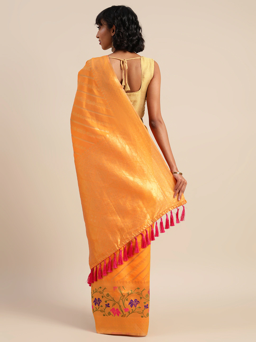 Banarasi Orange Ethnic Motifs Silk Cotton Saree