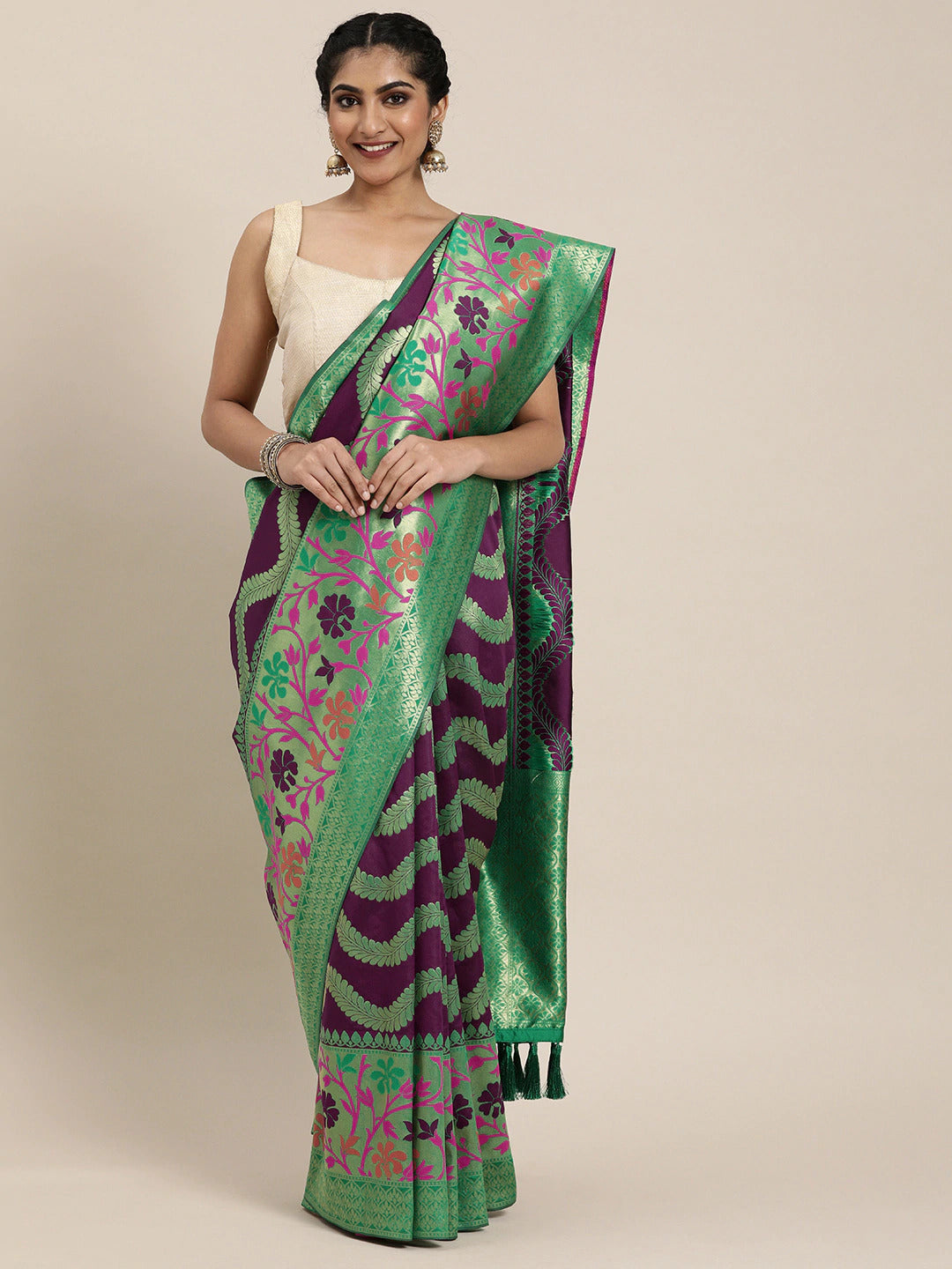 Banarasi Geometric Printed Burgundy Zari Silk Saree