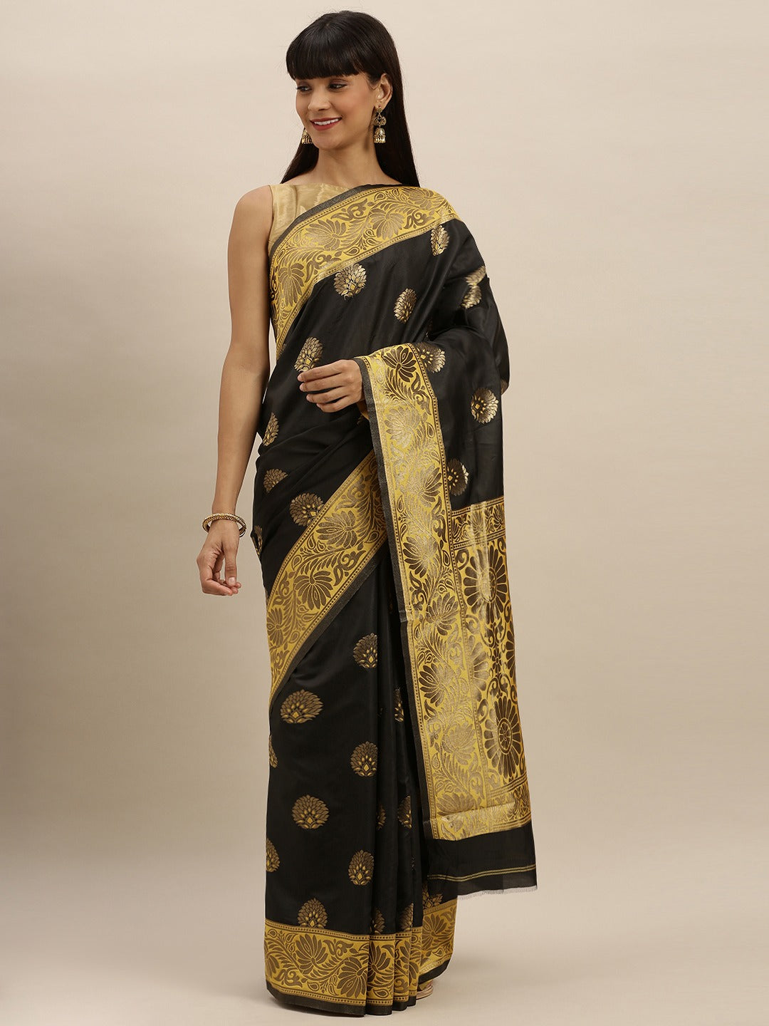 Banarasi Yellow Colour Silk Blend Saree with Zari Border