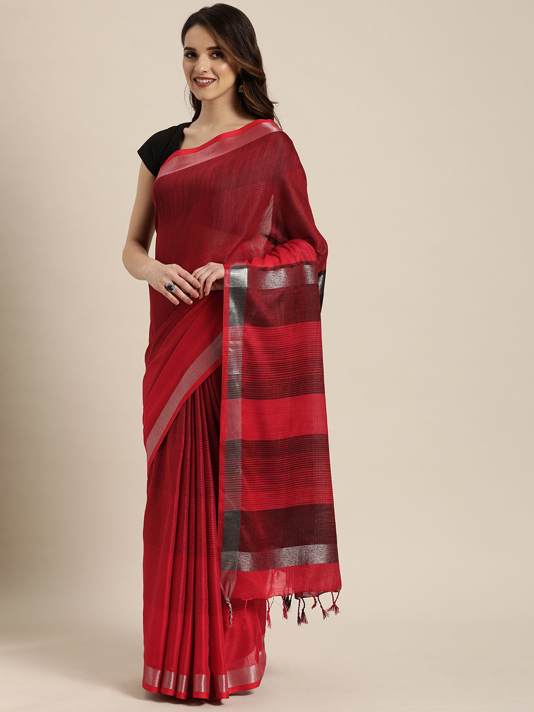 Striped Red Colour Linen Blend Saree With Zari Border