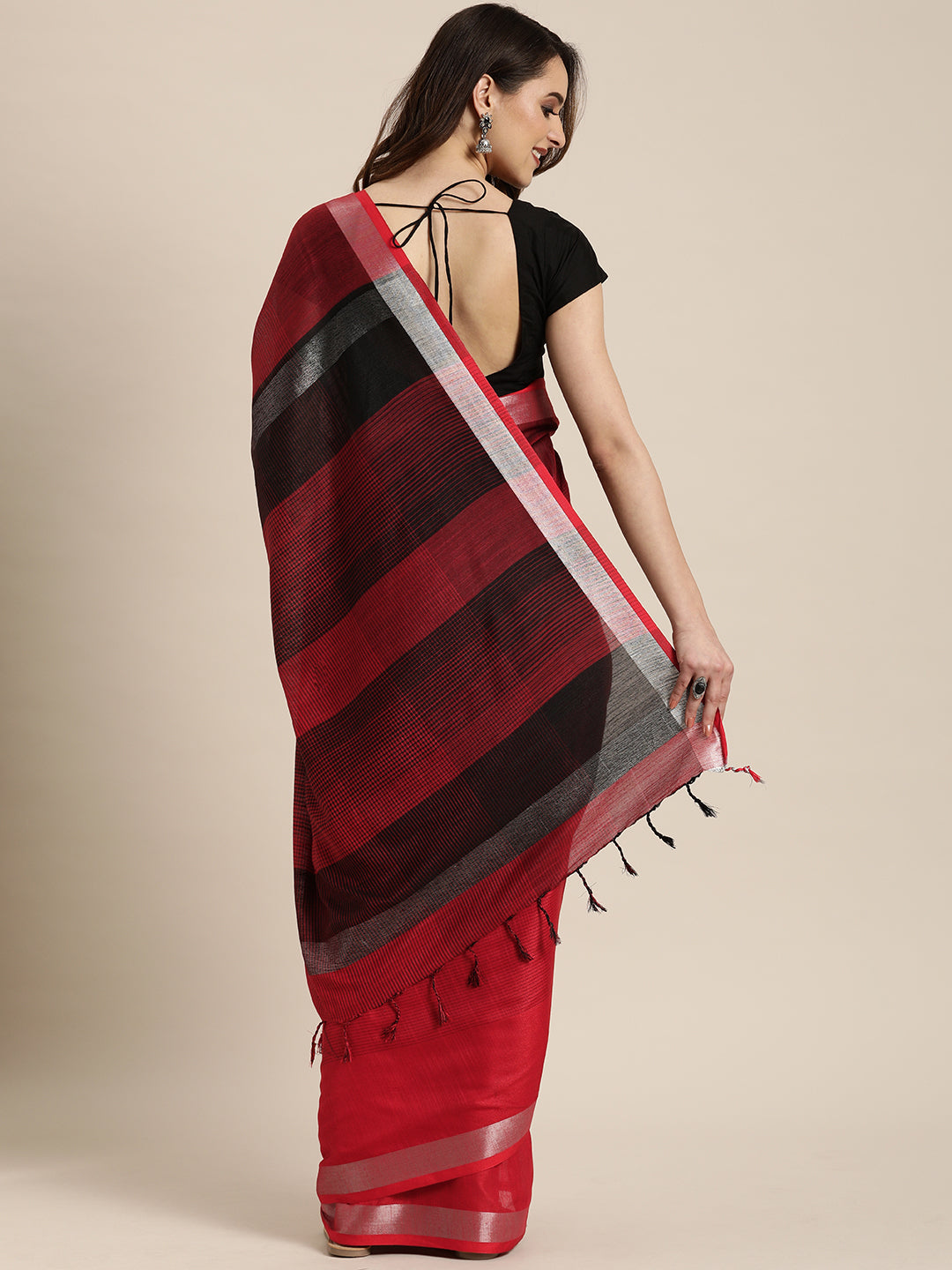 Striped Red Colour Linen Blend Saree With Zari Border