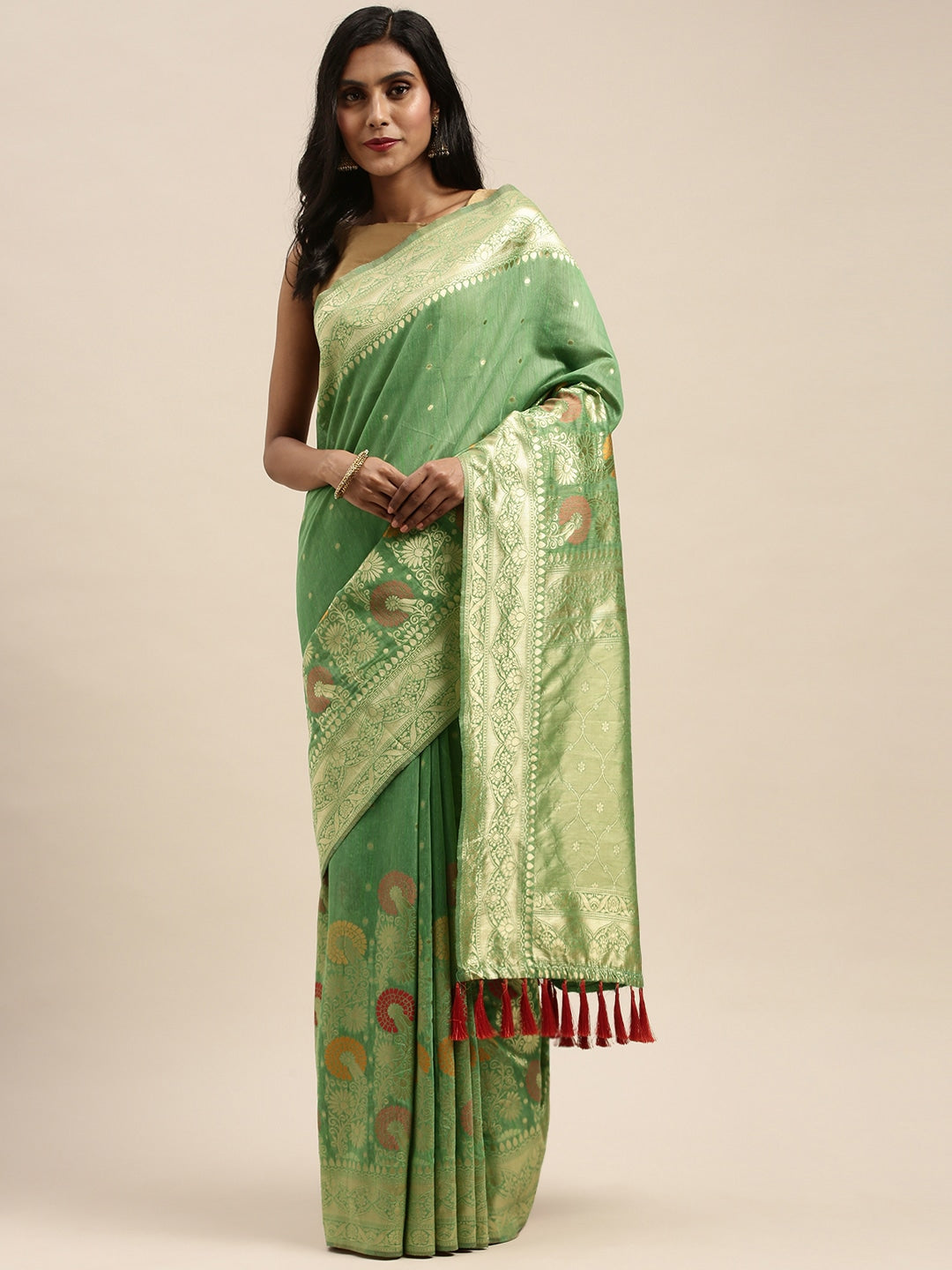 Stylish Banarasi Pista Colour Zari Border Cotton Saree