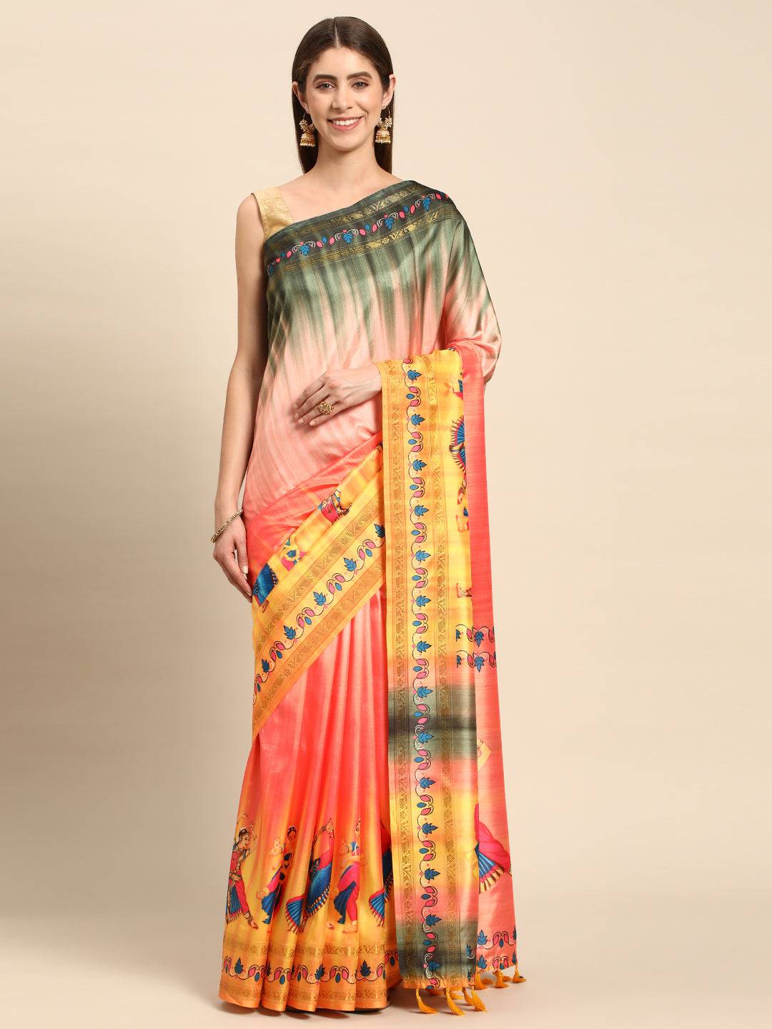 Stylish Kalamkari Silk With Block Print Saree