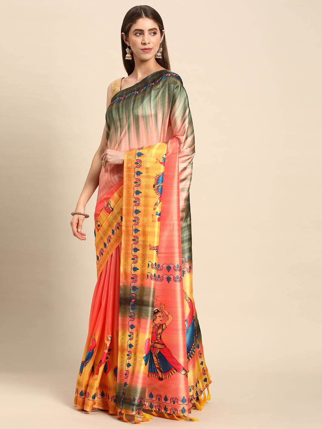 Stylish Kalamkari Silk With Block Print Saree