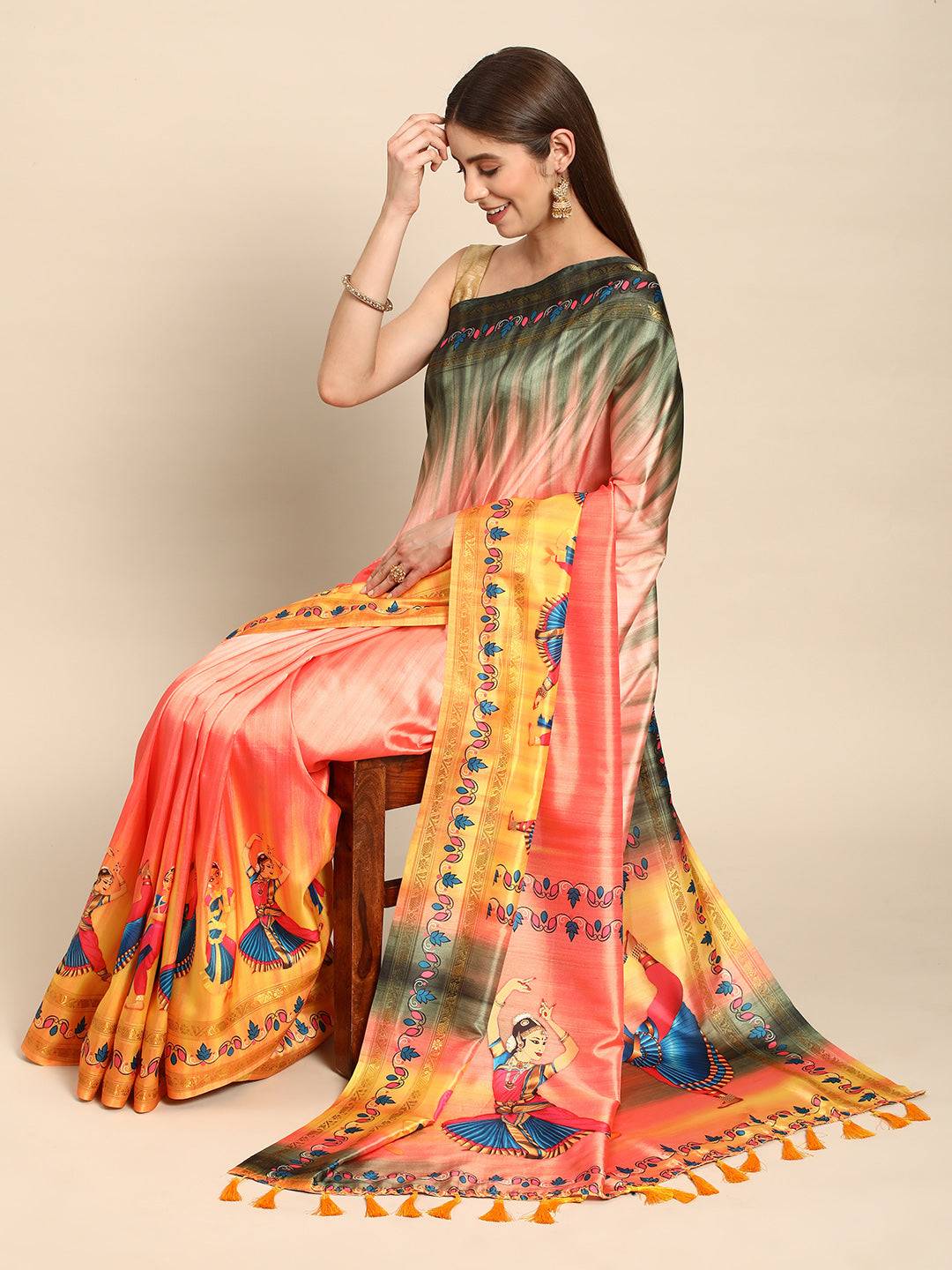 Stylish Kalamkari Silk With Block Print Saree