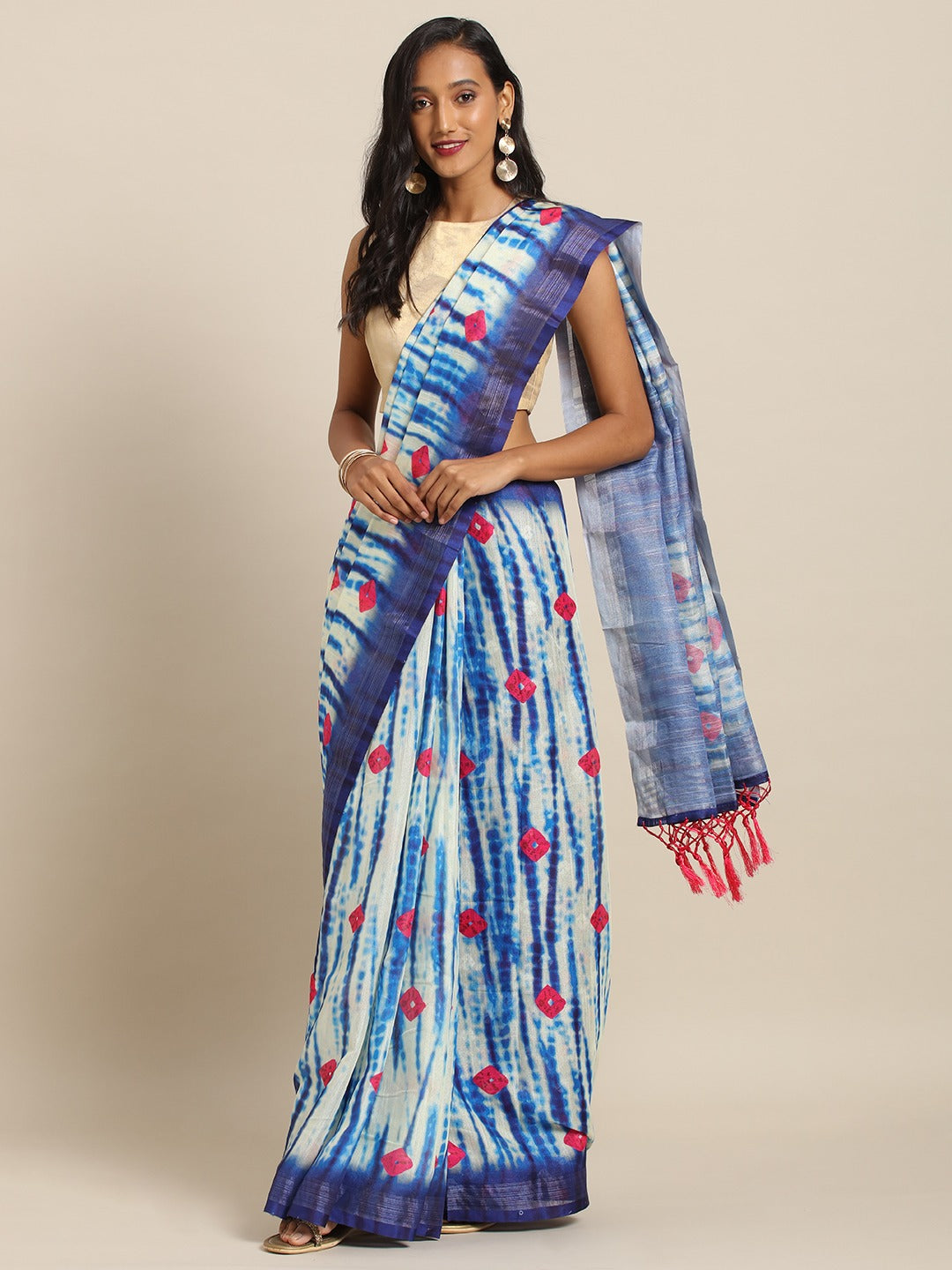 Bandhani Printed Multi Colour Zari Border Saree