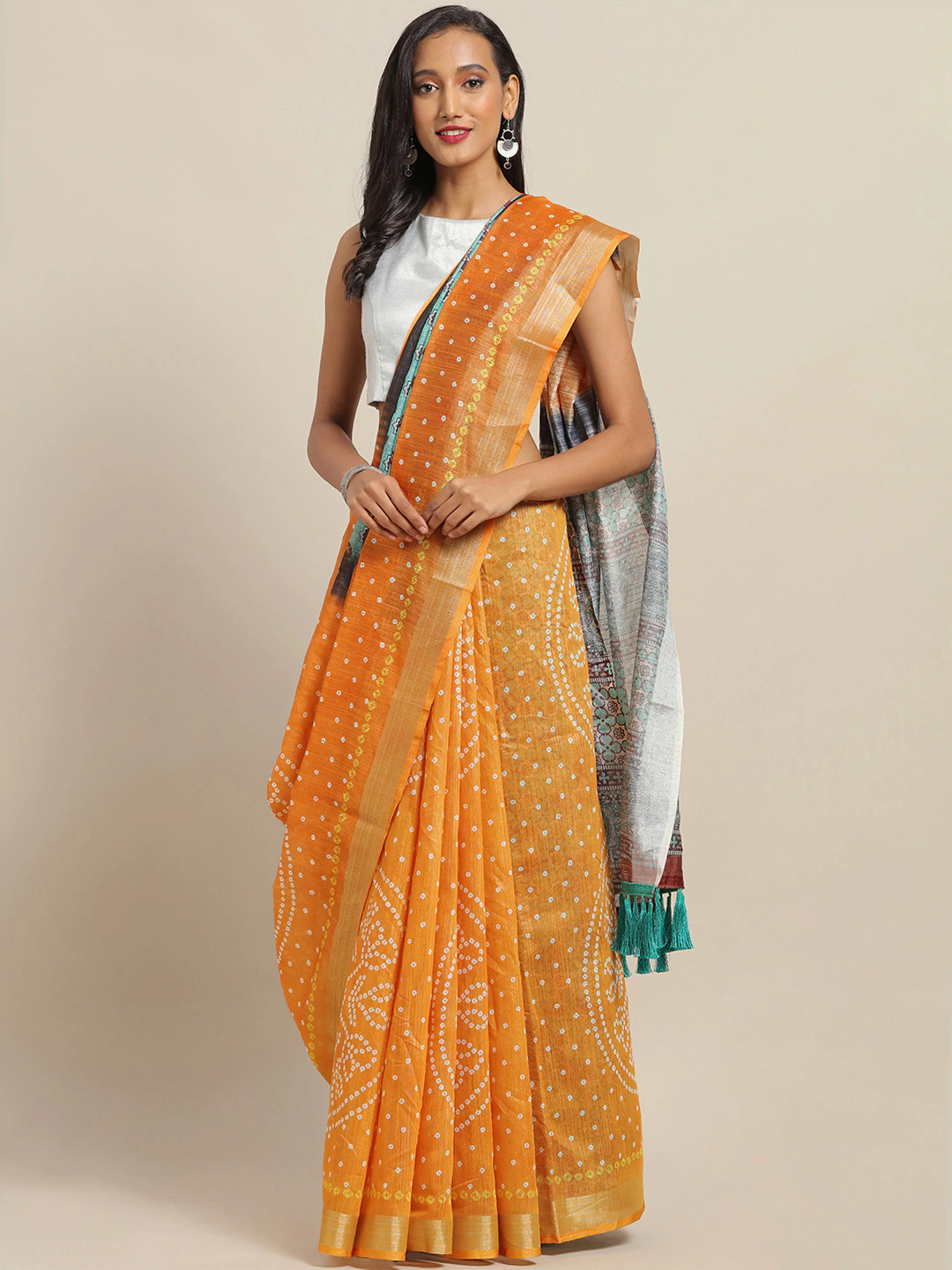 Stylish Bandhani Orange Saree with Zari Border