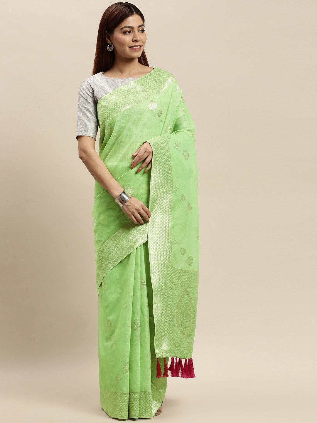 Stylish Bollywood Lime Colour Woven Design Cotton Saree 