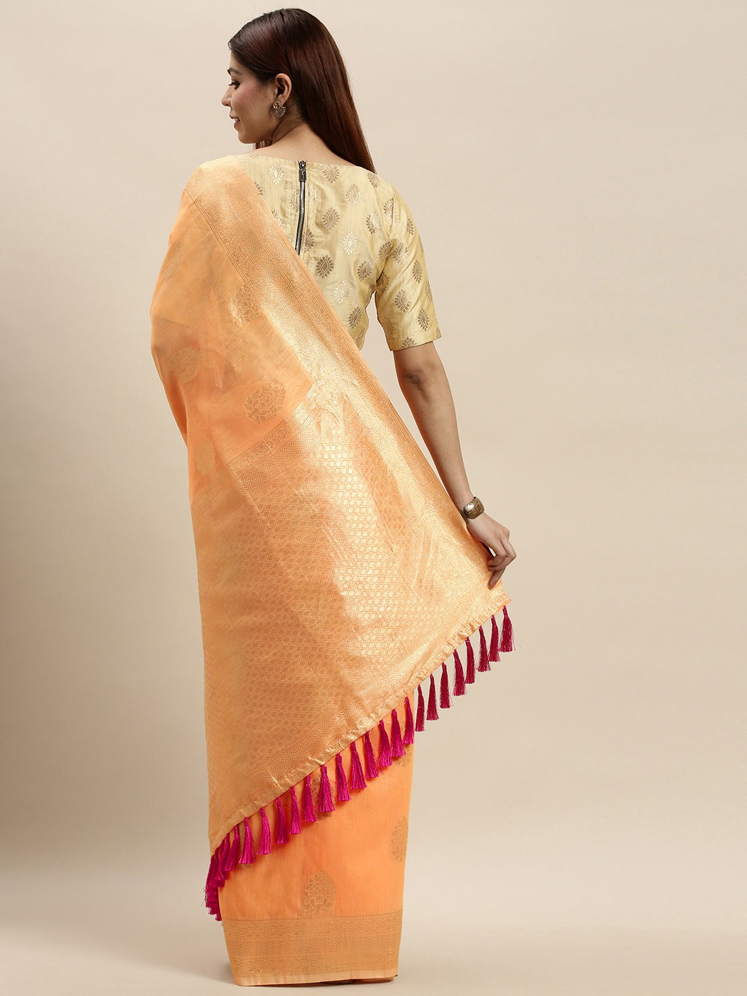 Stylish Bollywood Orange Colour Woven Design Cotton Saree