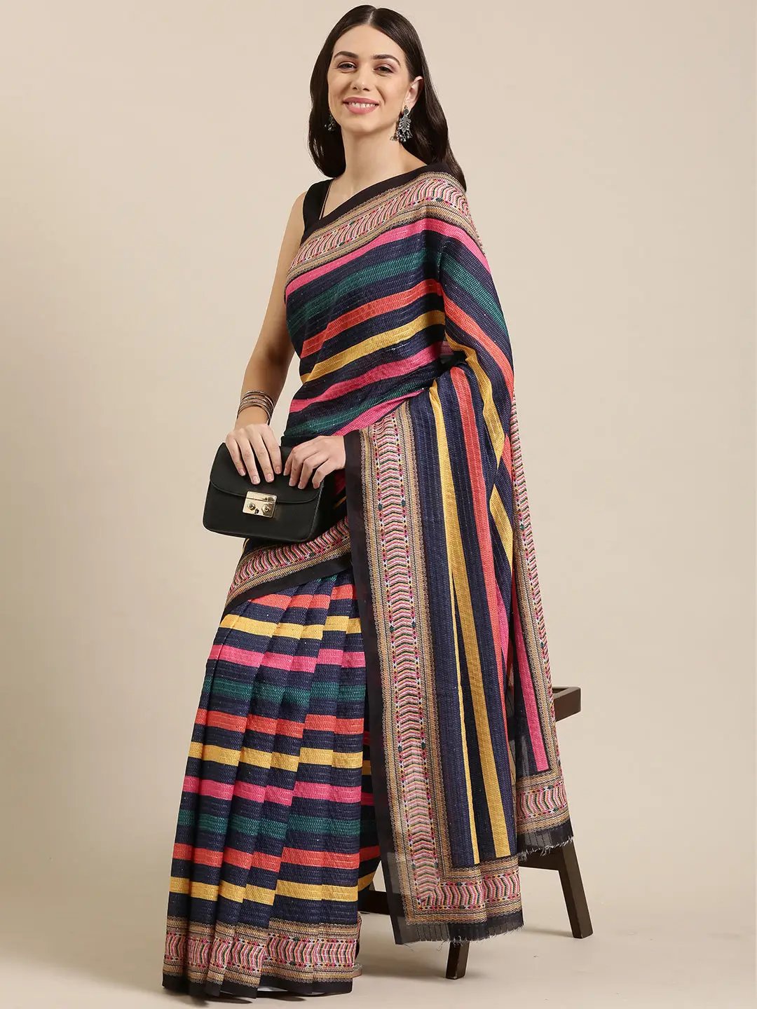 Beautiful Striped Print With Sequinned Silk Saree Collection