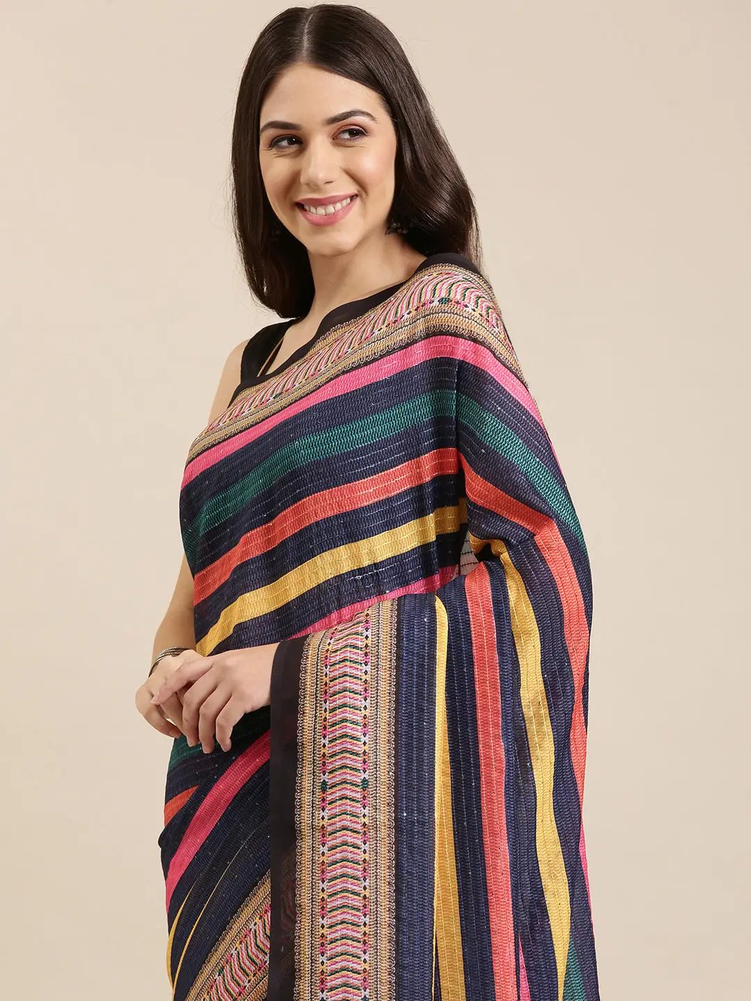 Beautiful Striped Print With Sequinned Silk Saree Collection