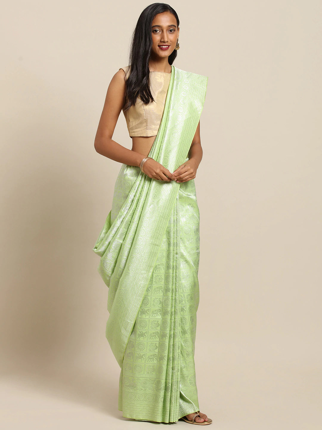  Baluchari Pista Colour Silk Blend Woven Design Saree