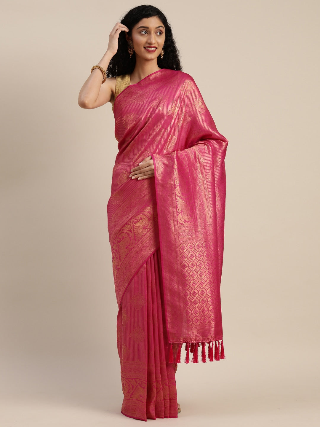 Stylish Pink Silk Blend Banarasi Saree