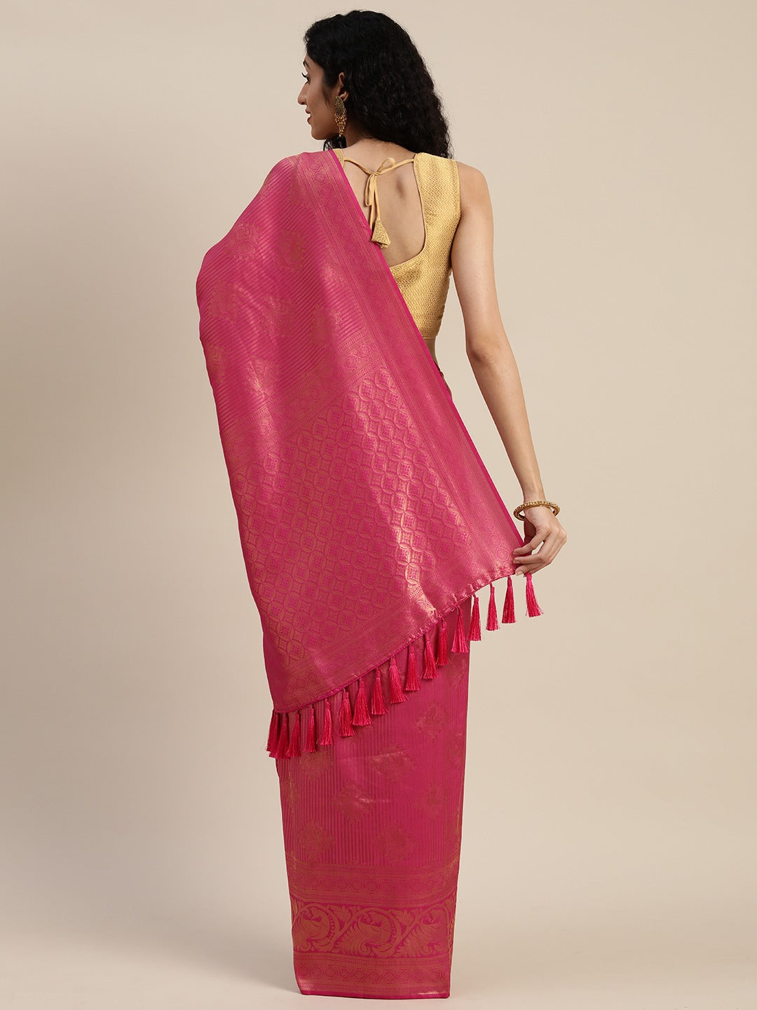 Stylish Pink Silk Blend Banarasi Saree