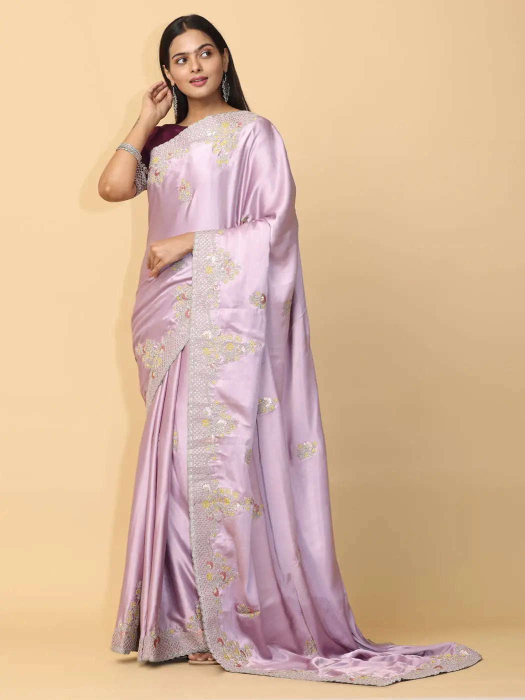 Pastel Lilac Satin Embroidery Saree