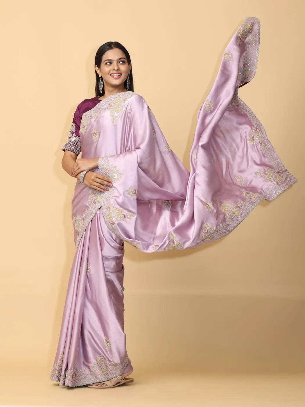 Pastel Lilac Satin Embroidery Saree