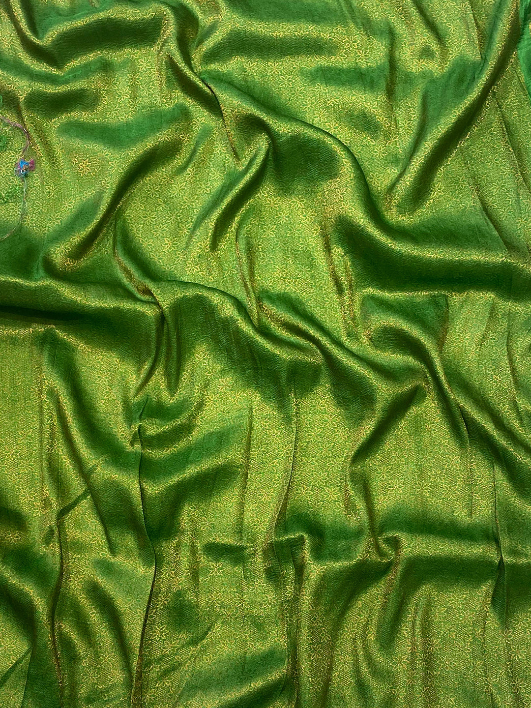 Close-up of light green Dola silk fabric with zari