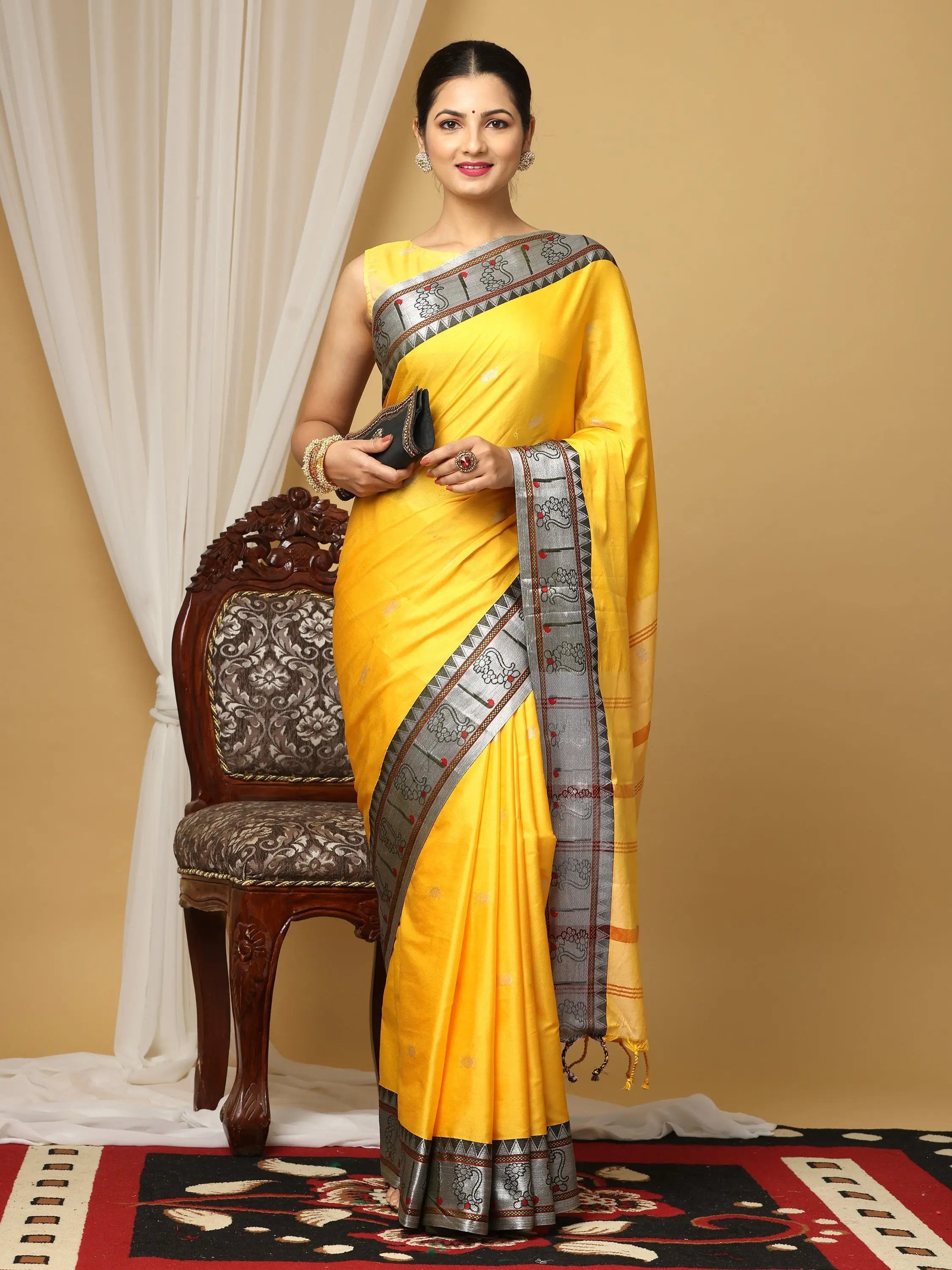 Soft silk saree yellow and gery colour , festive wear
