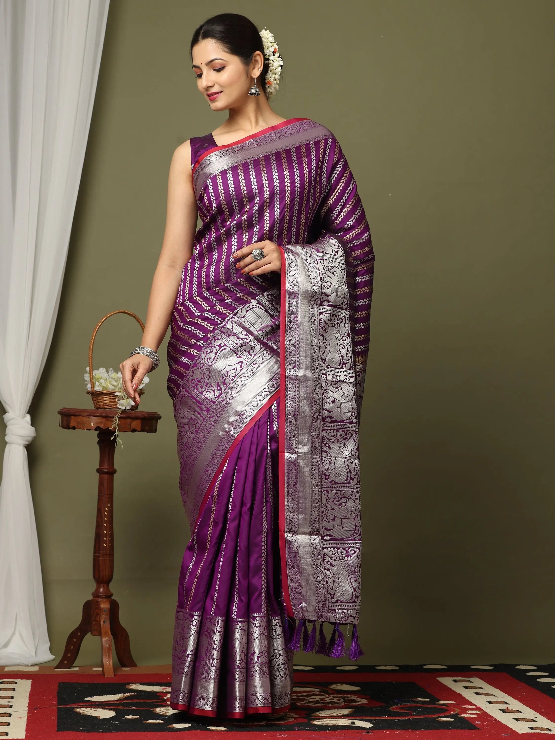 Party Wear Tussar Ghicha Zari Striped Silk Saree, 6.3 m (with blouse piece)  at Rs 2050 in Godda