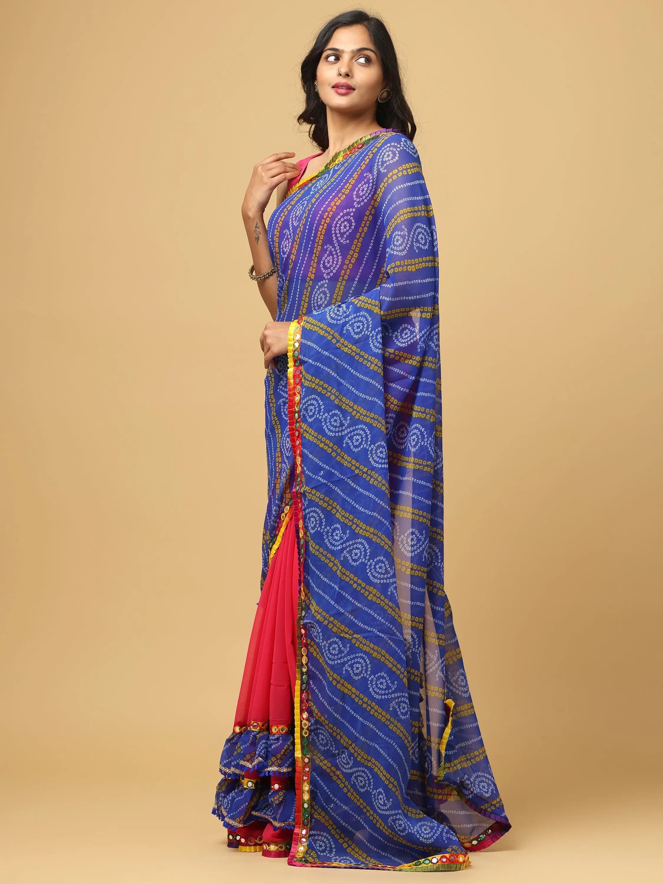 Soft Georgette Bandhej Print Ruffle Party Wear Saree