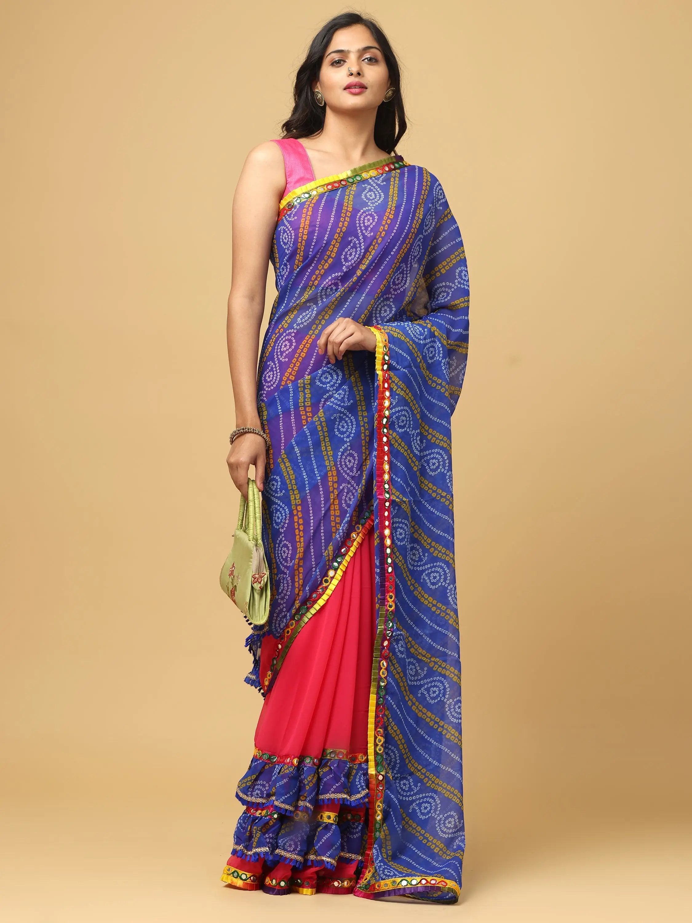 Soft Georgette Bandhej Print Ruffle Party Wear Saree