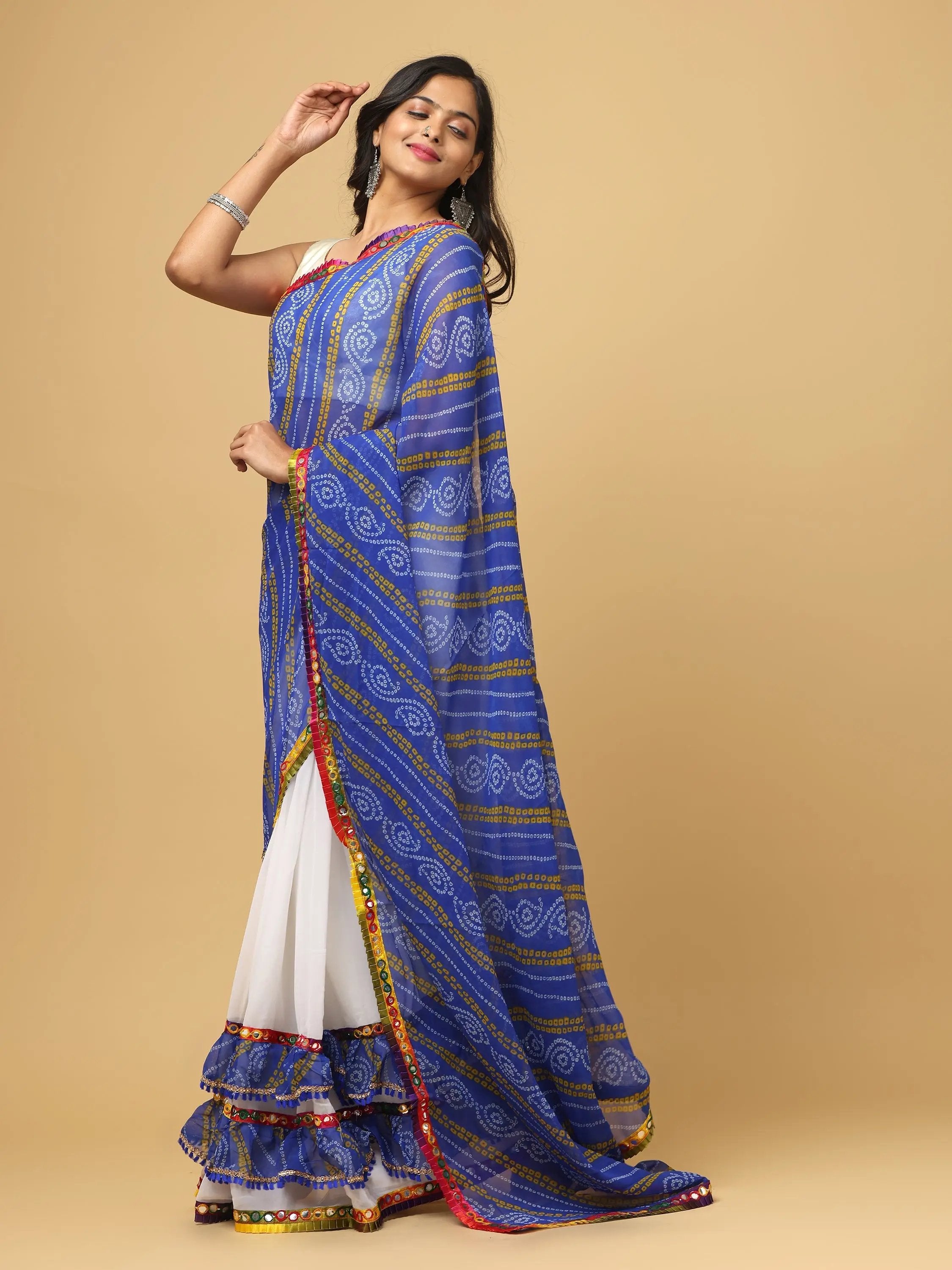 Soft Georgette Bandhej Print Ruffle Party Wear Saree