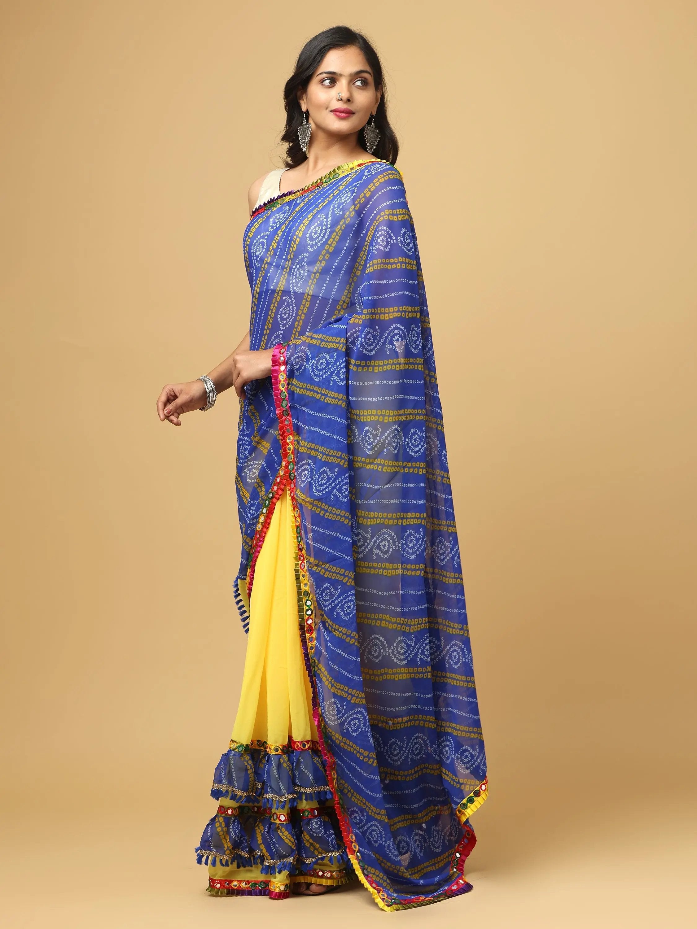 Soft Georgette Bandhej Print Ruffle Party Wear Saree