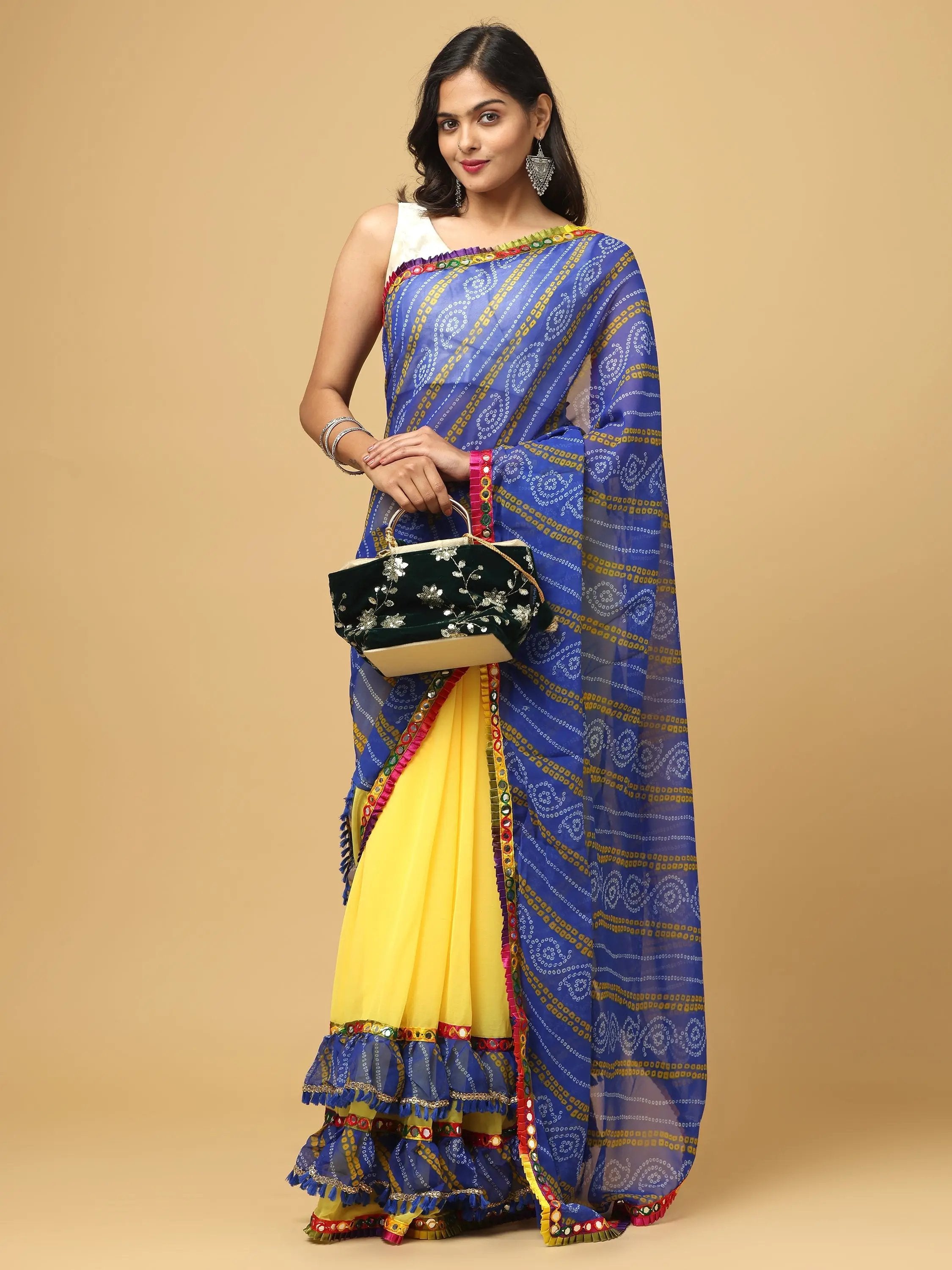 Soft Georgette Bandhej Print Ruffle Party Wear Saree