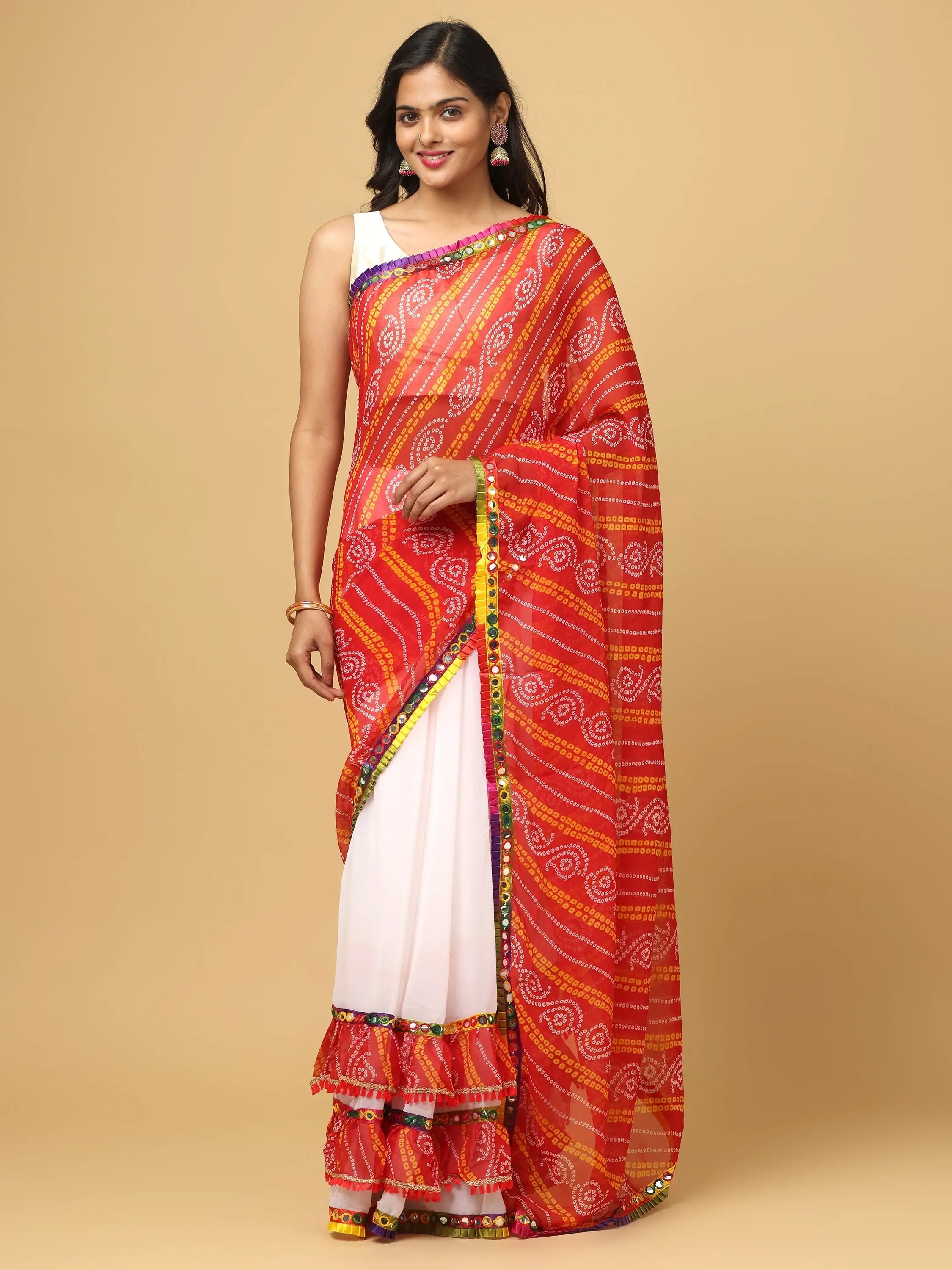 Soft Georgette Bandhej Print Ruffle Party Wear Saree