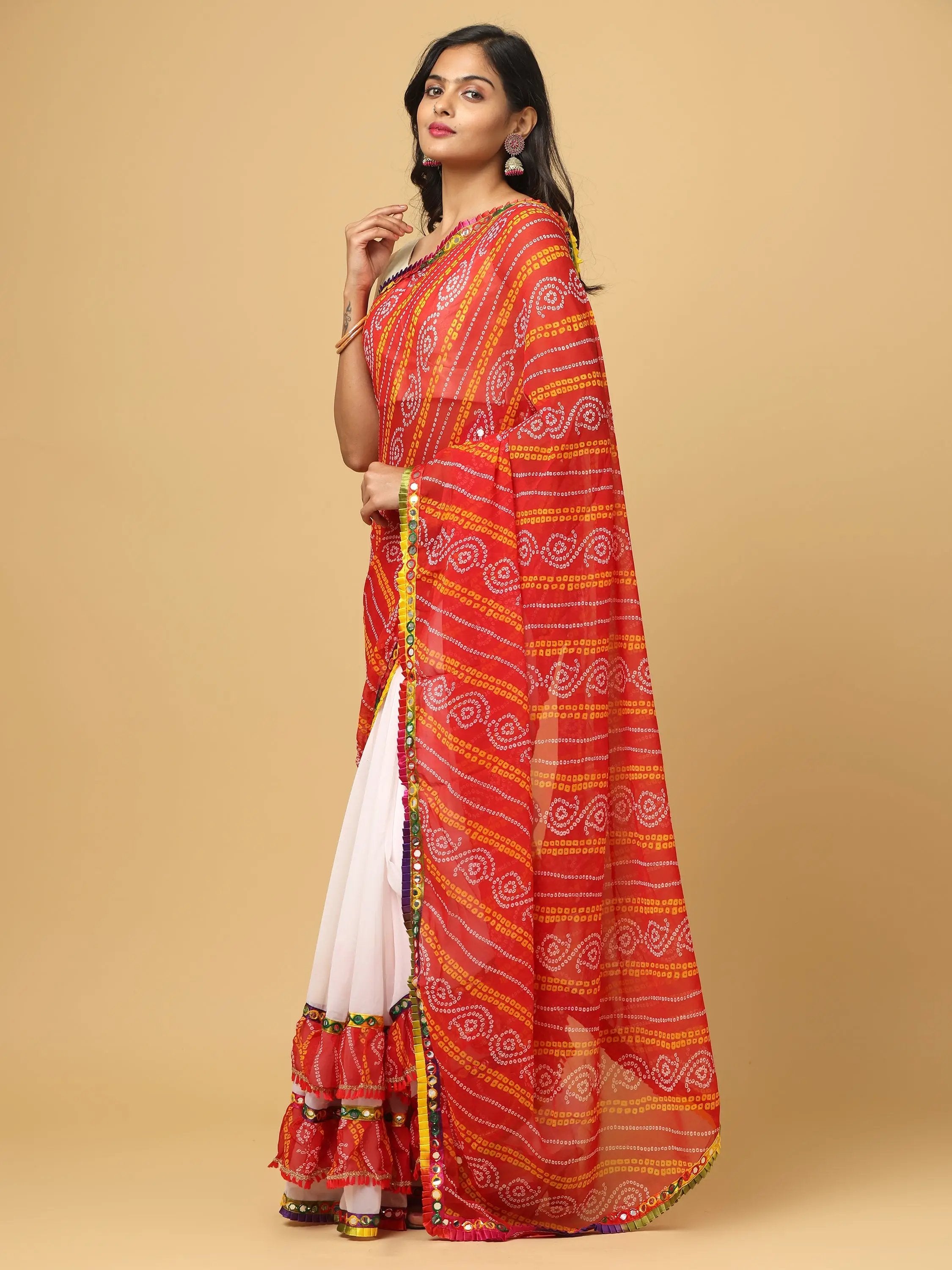 Soft Georgette Bandhej Print Ruffle Party Wear Saree