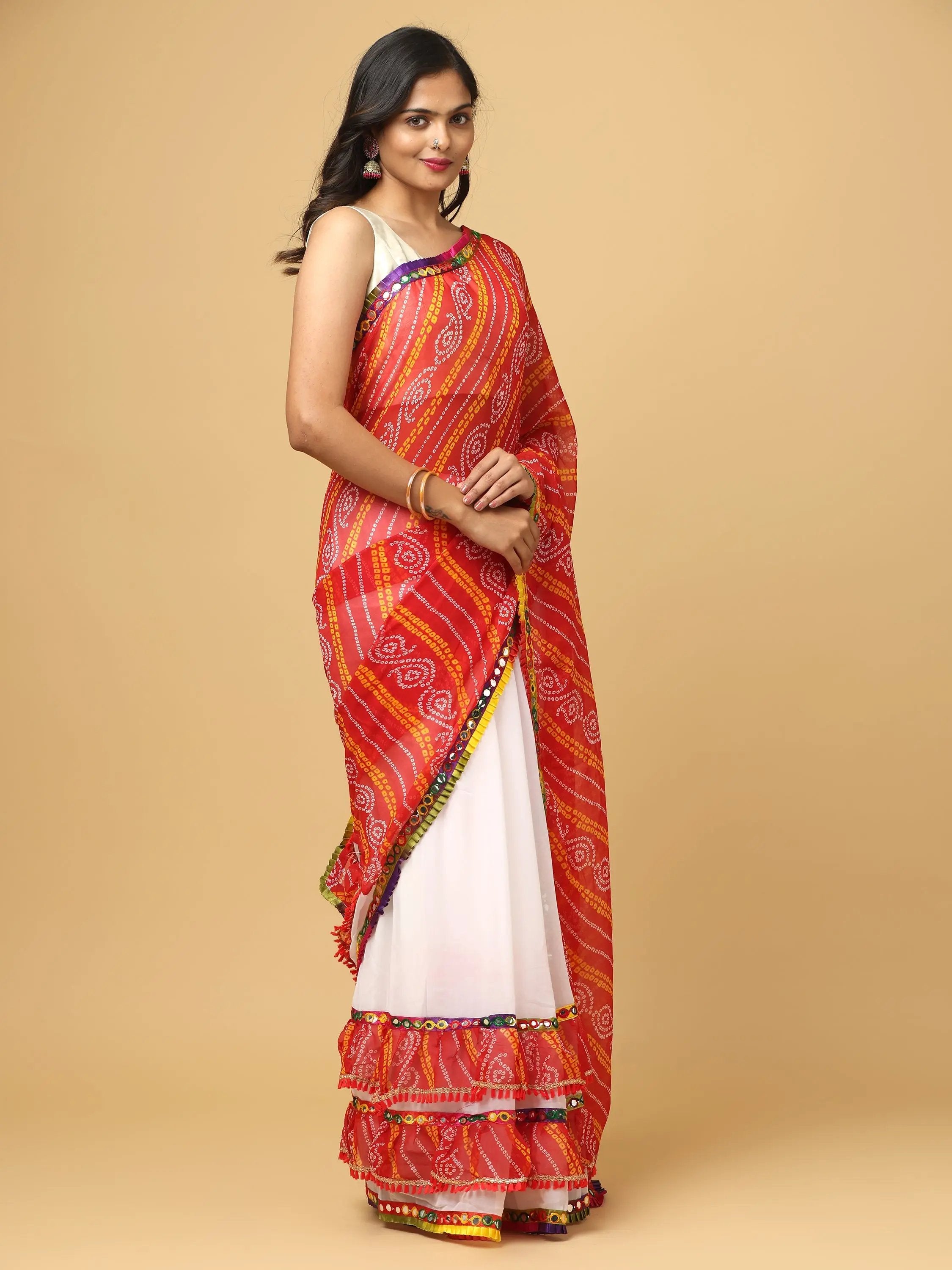 Soft Georgette Bandhej Print Ruffle Party Wear Saree