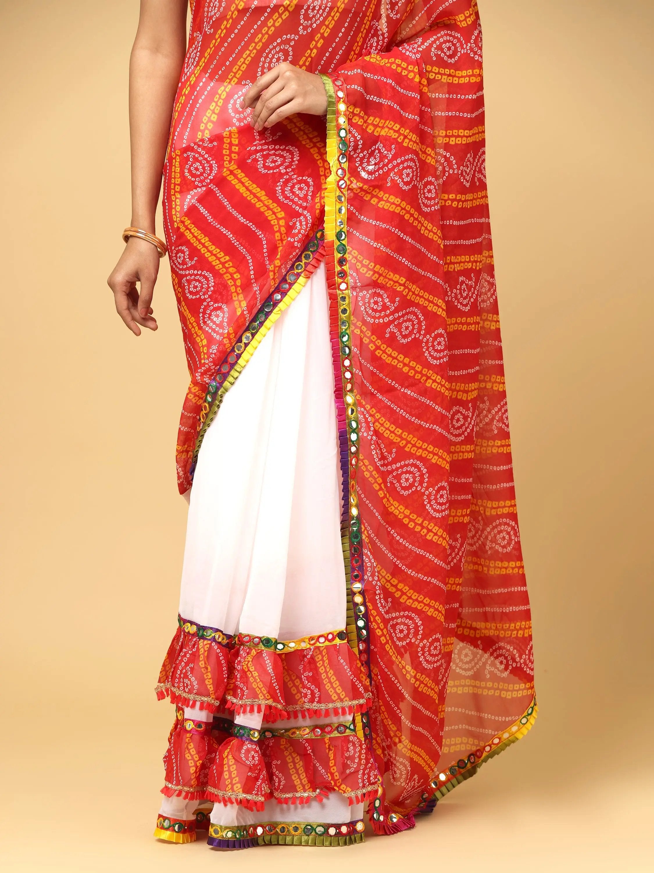 Soft Georgette Bandhej Print Ruffle Party Wear Saree