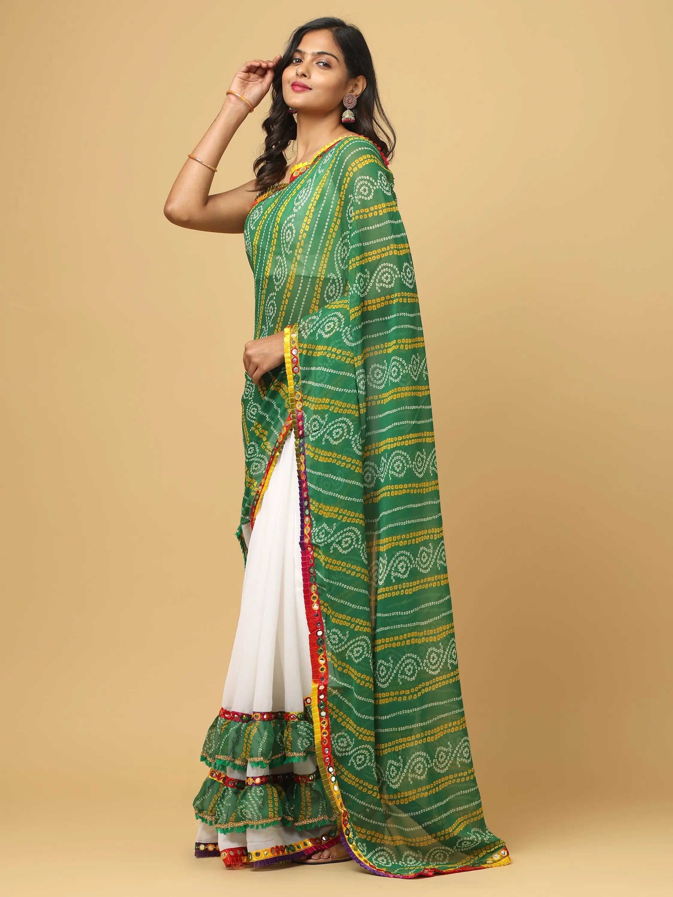 Soft Georgette Bandhej Print Ruffle Party Wear Saree