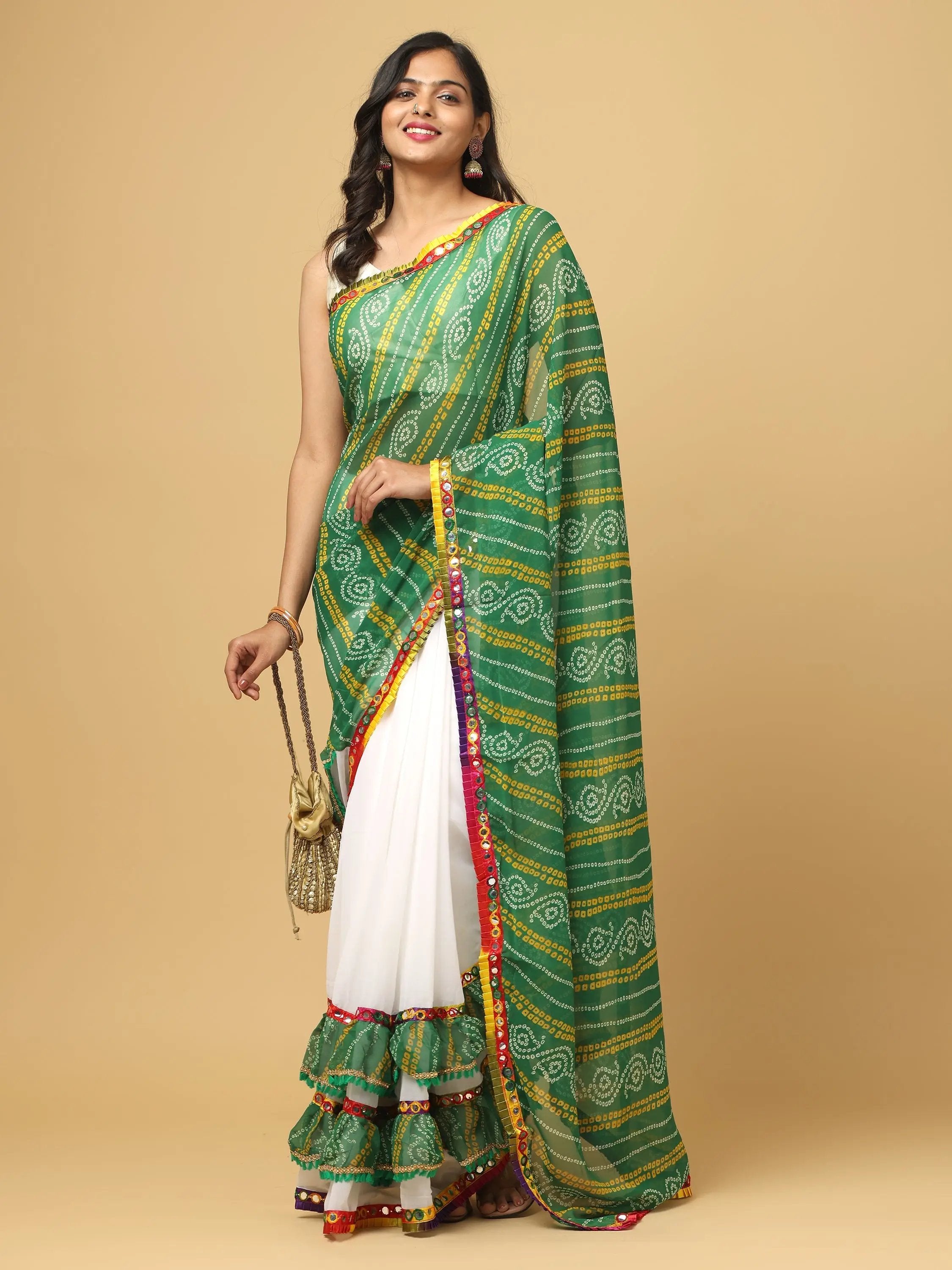 Soft Georgette Bandhej Print Ruffle Party Wear Saree