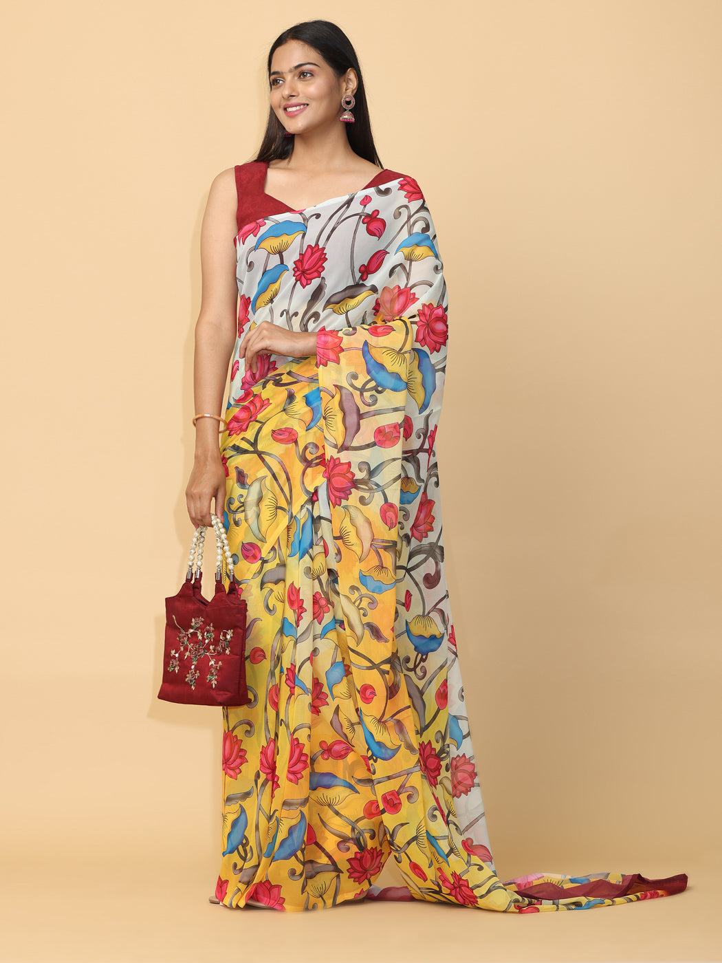 Soft Poly Georgette Digital Kalamkari Print Saree