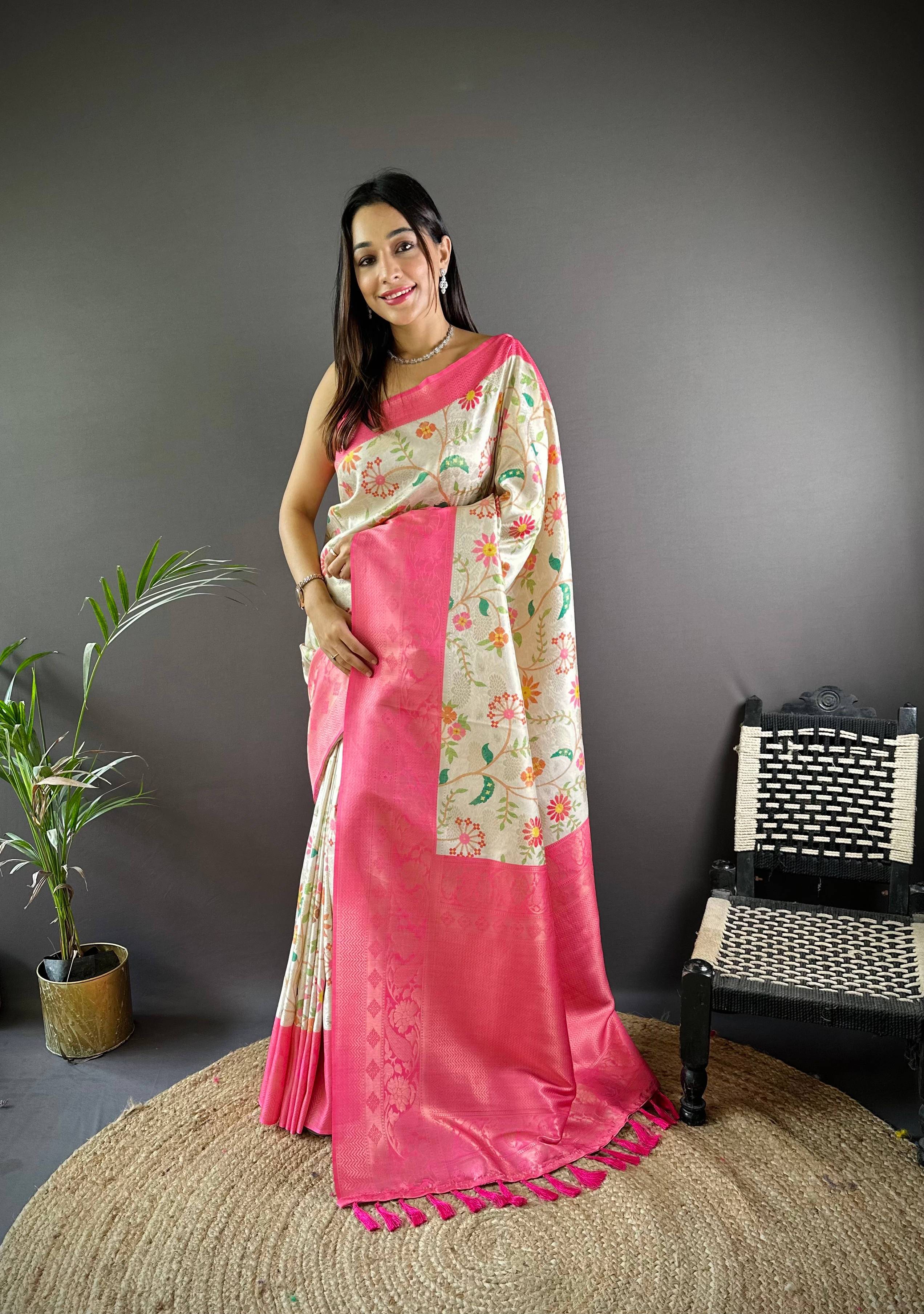 Pink Floral Soft Kanjivaram Silk Saree