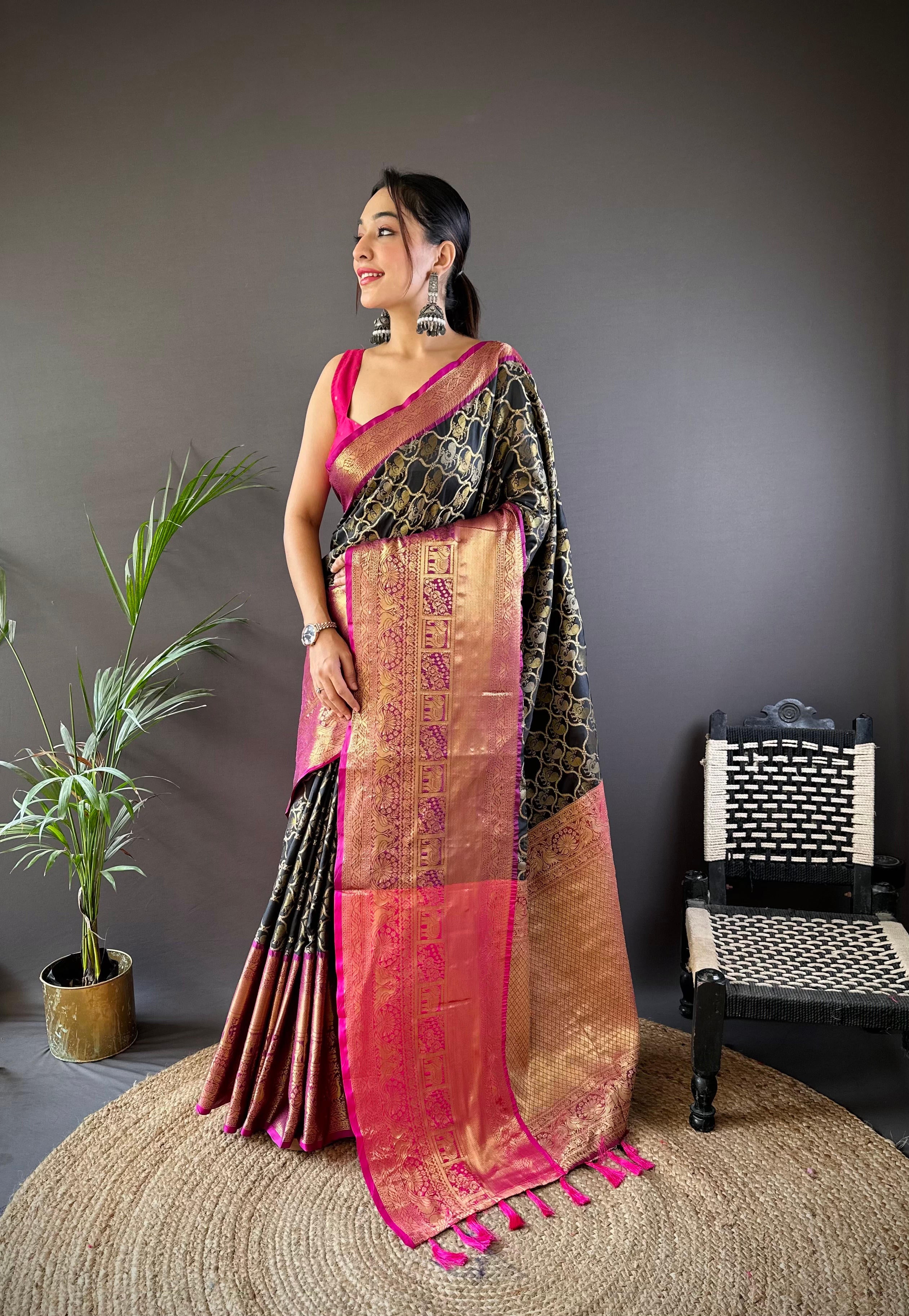 Elegant Black Banarasi Zari Butti Saree with intricate design