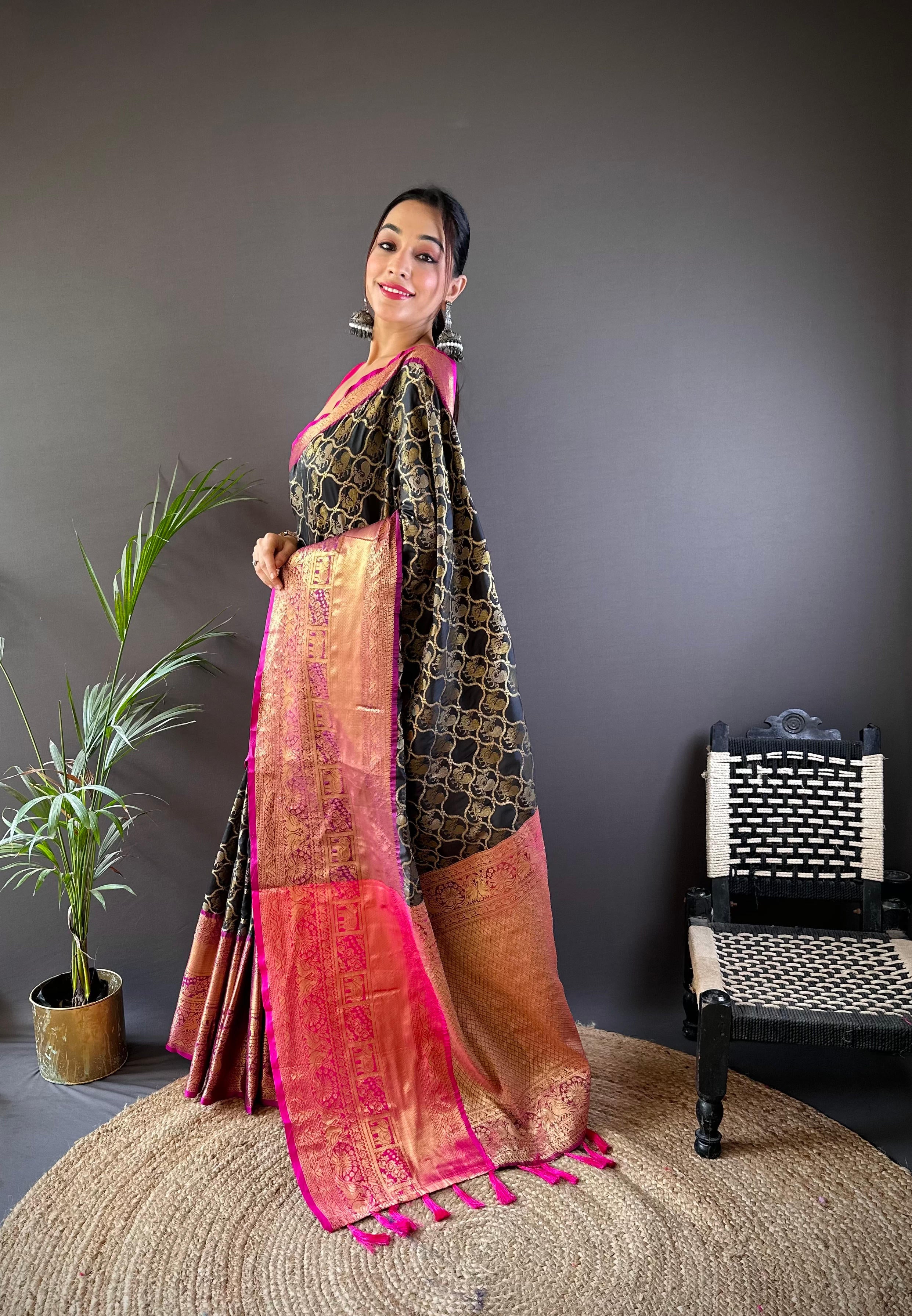 Side view of Black Banarasi Zari Butti Saree with gold motifs