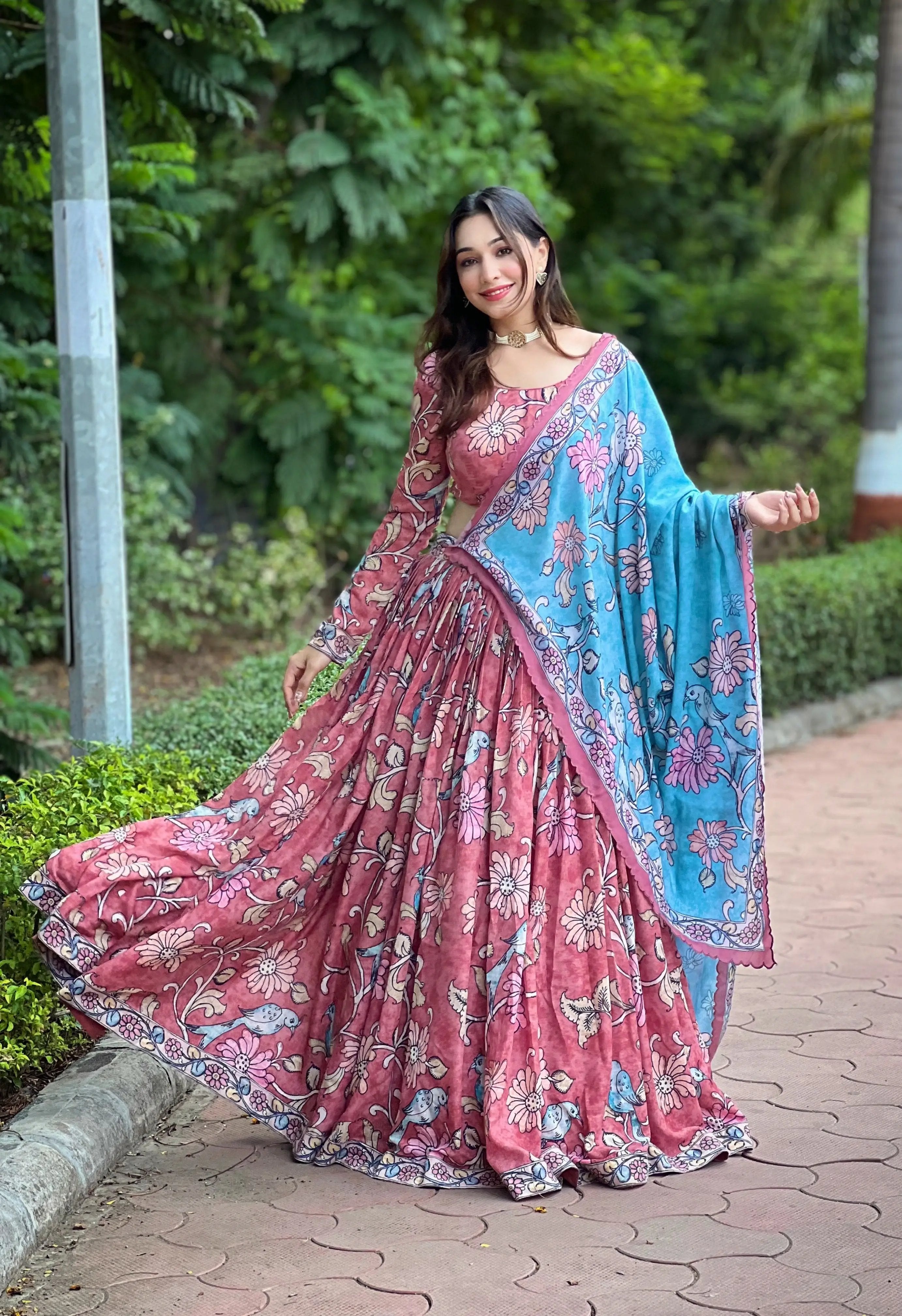 Traditional Kalamkari Lehenga Set with blue dupatta