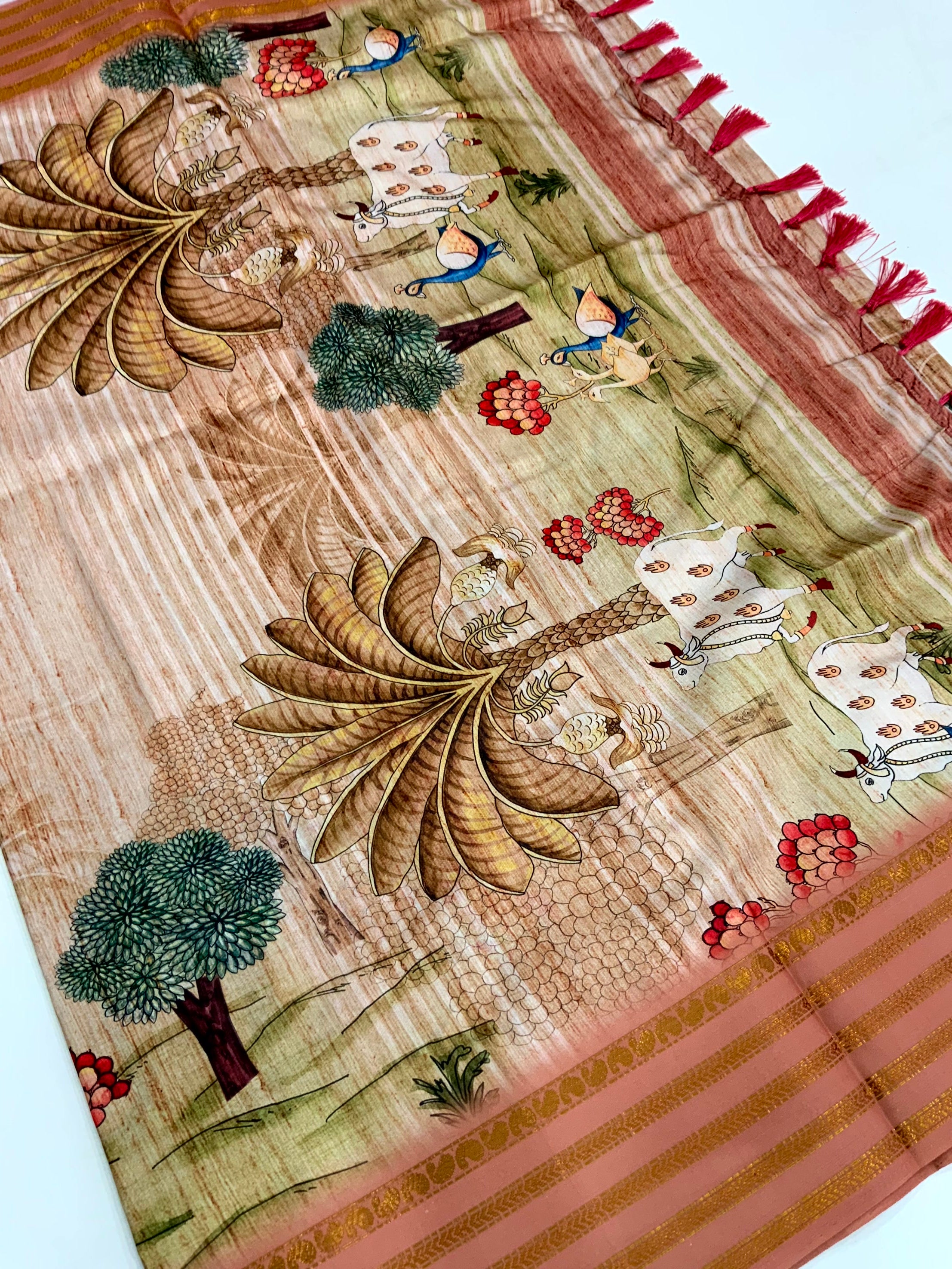 Elegant Soft Silk Rust Pichwai Prints Saree