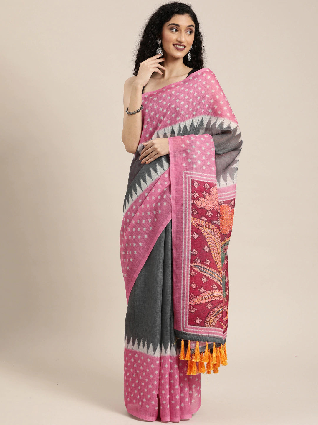 Exclusive Grey Colour Linen Blend Solid Ikat Saree