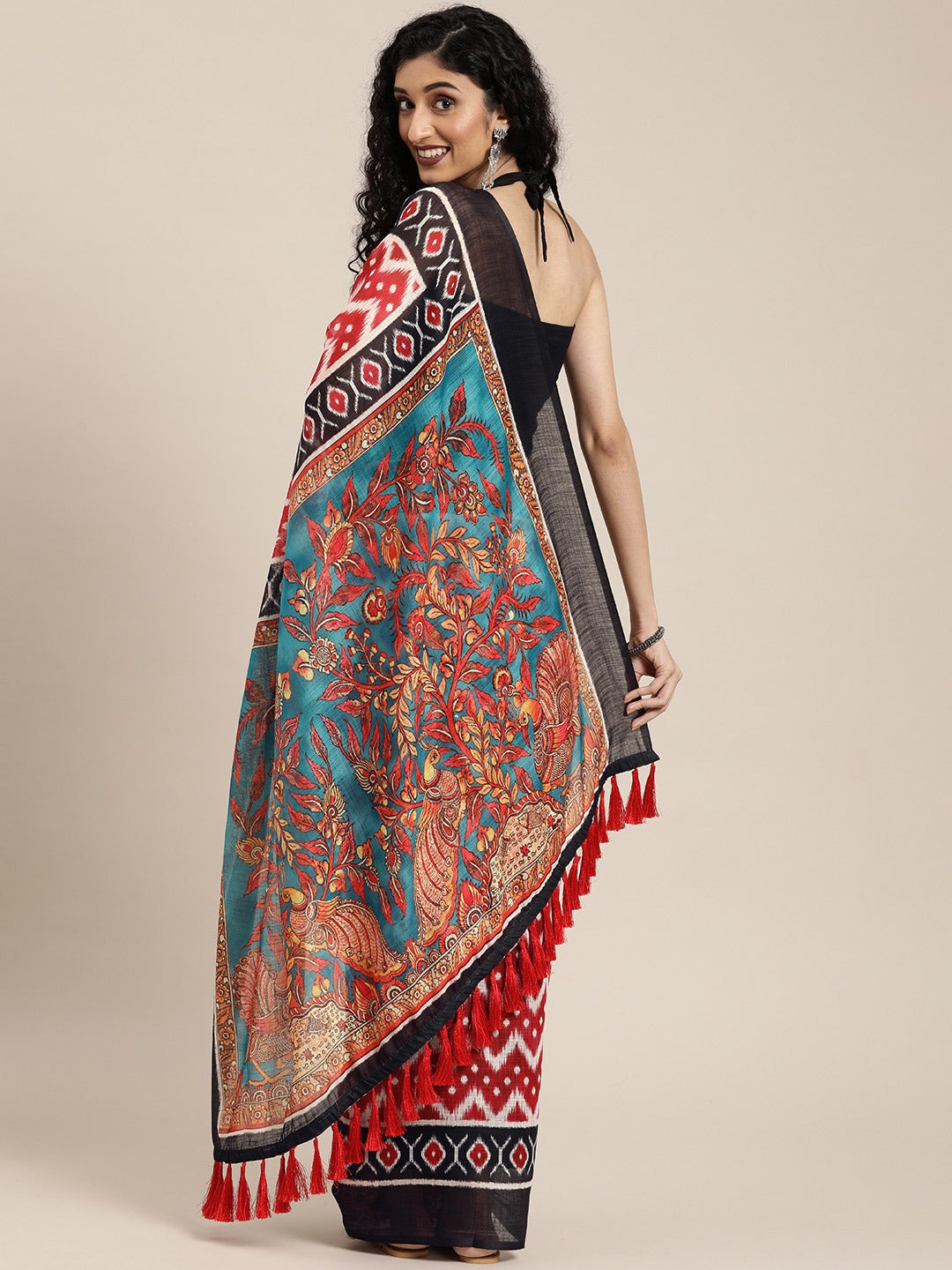 Red & Black Linen Blend Ikat Print Saree