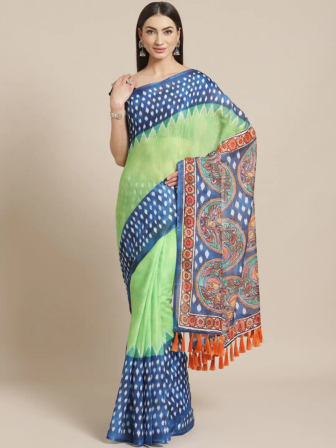 Buy Soft Linen Ikkat Kalamkari Digital Print Saree