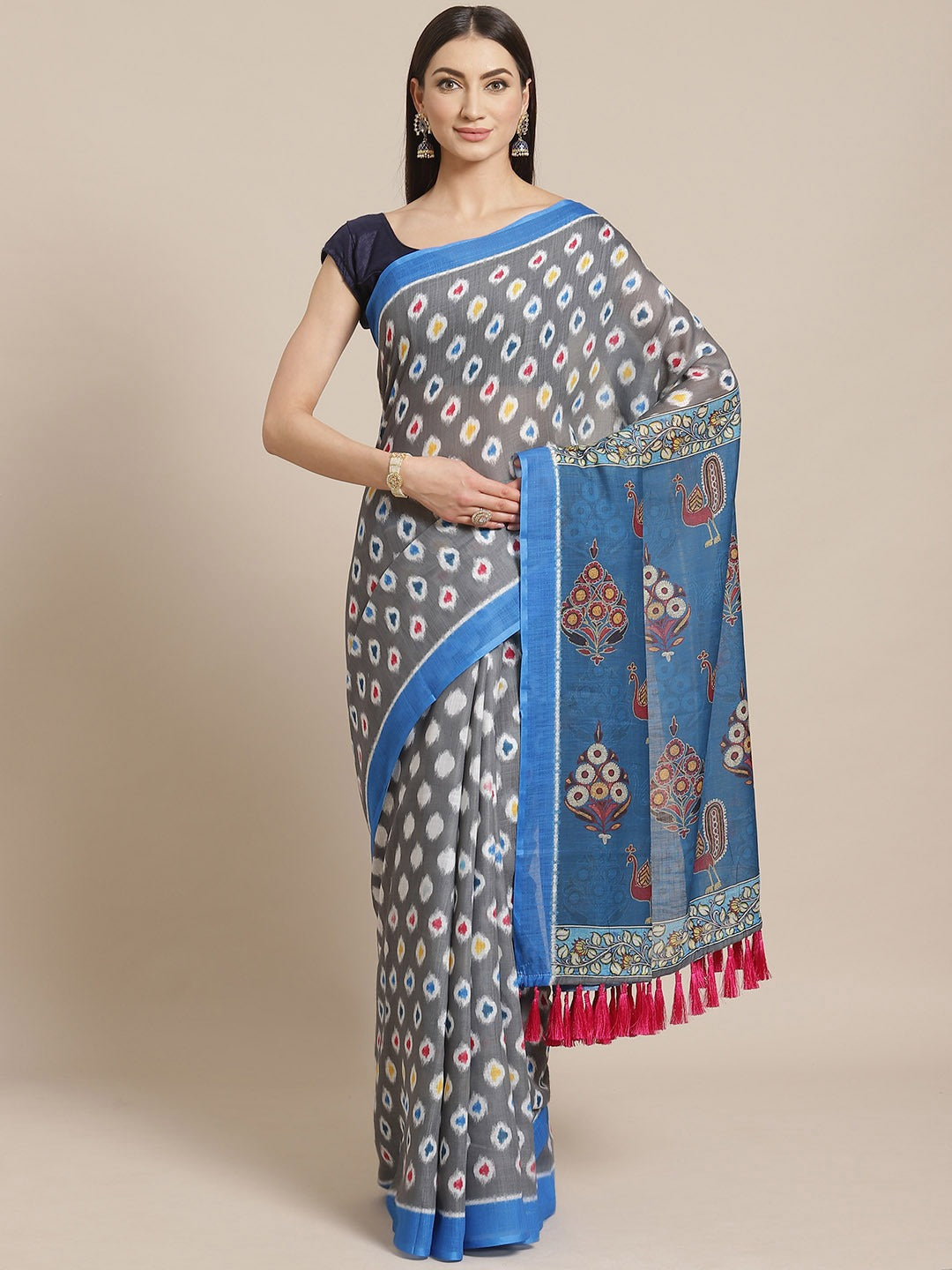 Buy Soft Linen Ikkat Kalamkari Digital Print Saree